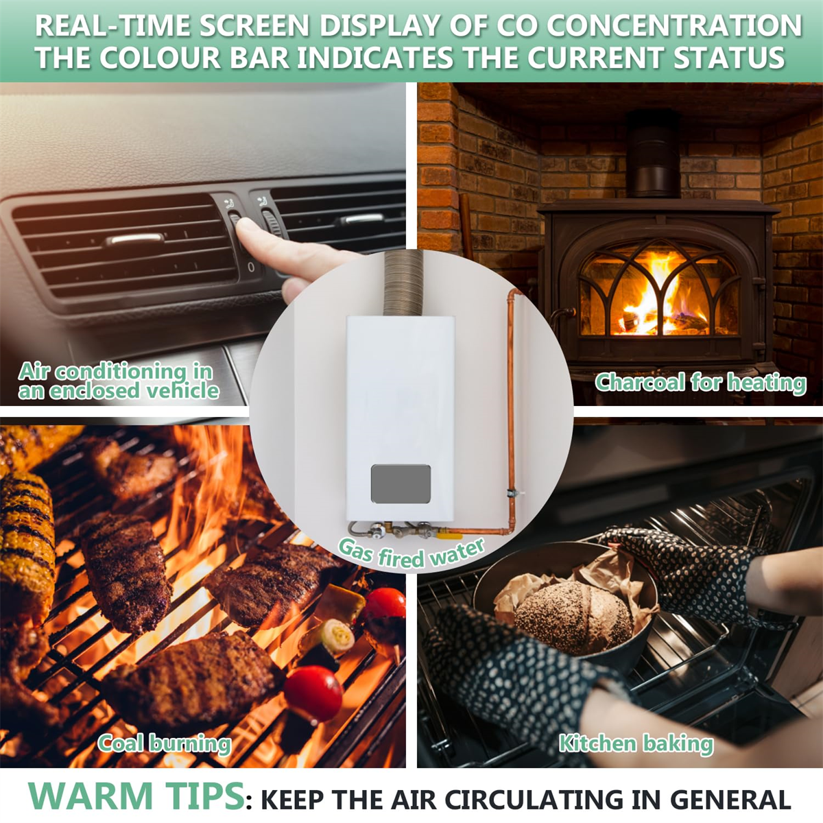 Collage zeigt CO-Quellen: Autolüftung, Kamin, Gas-Warmwasserbereiter, Grillen und Backen.