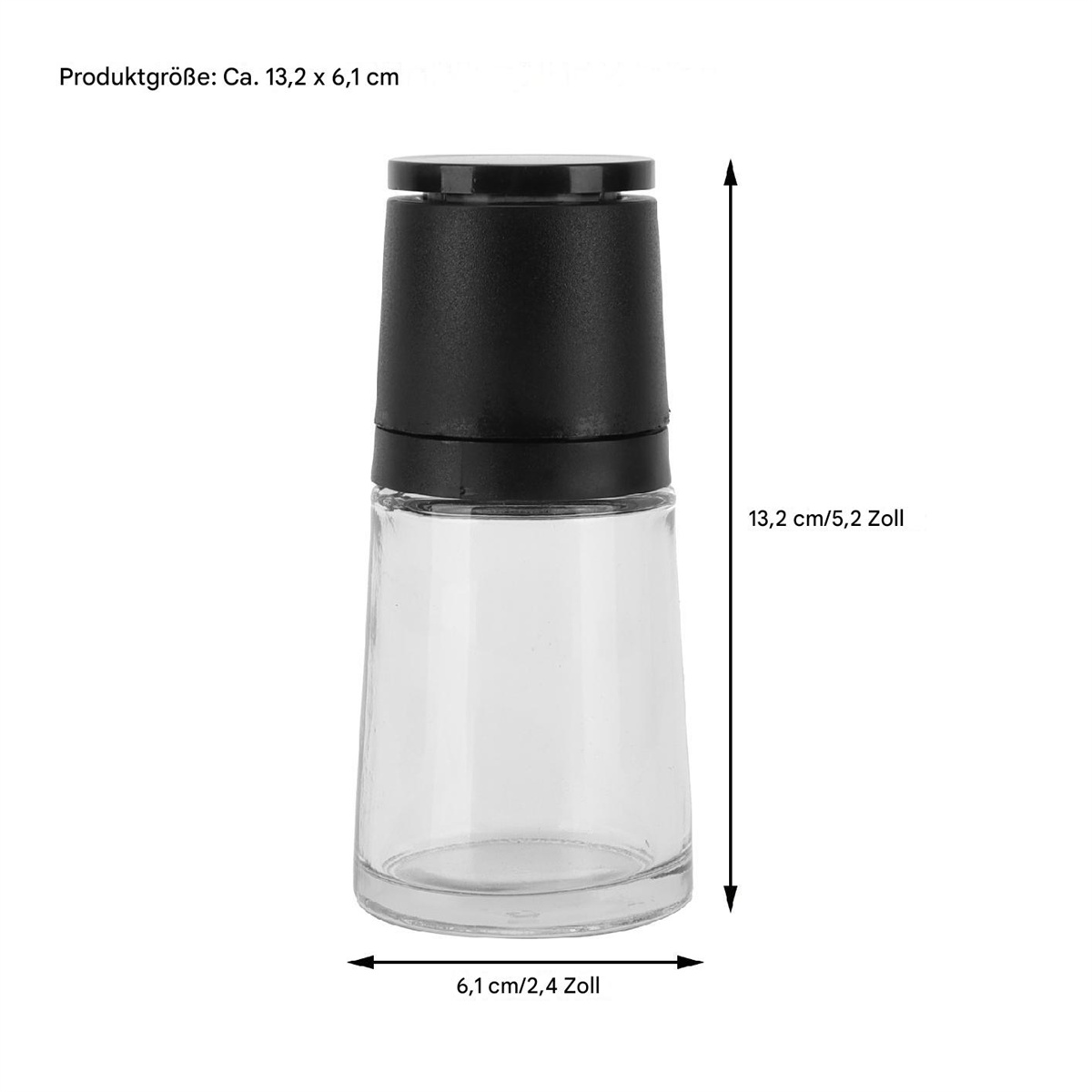 Eine transparente Pfeffermühle mit schwarzem Deckel. Abmessungen sind mit Pfeilen angegeben.