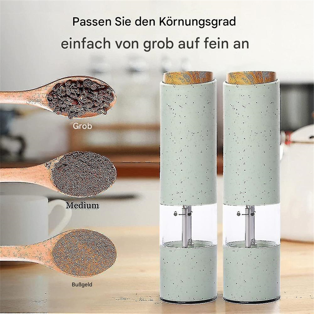 Zwei elektrische Pfeffermühlen. Gezeigt werden die verschiedenen Mahlgrade von grob bis fein.