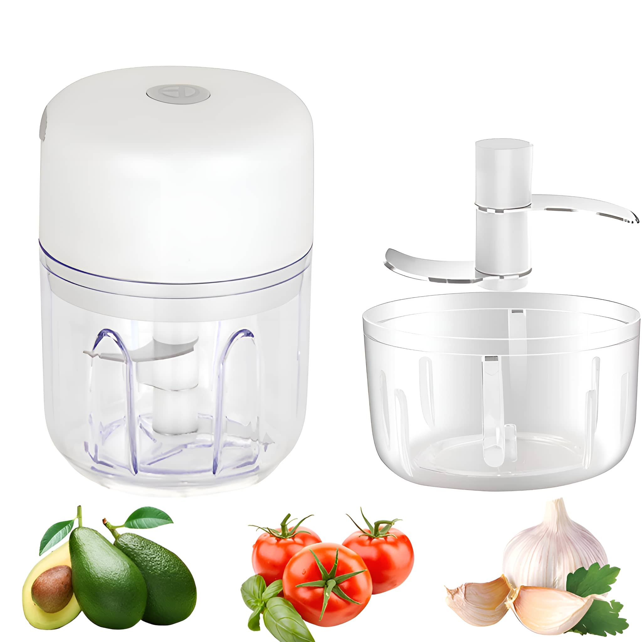 Weißer Foodprozessor mit transparentem Behälter, Avocados, Tomaten, Basilikum, Knoblauch.