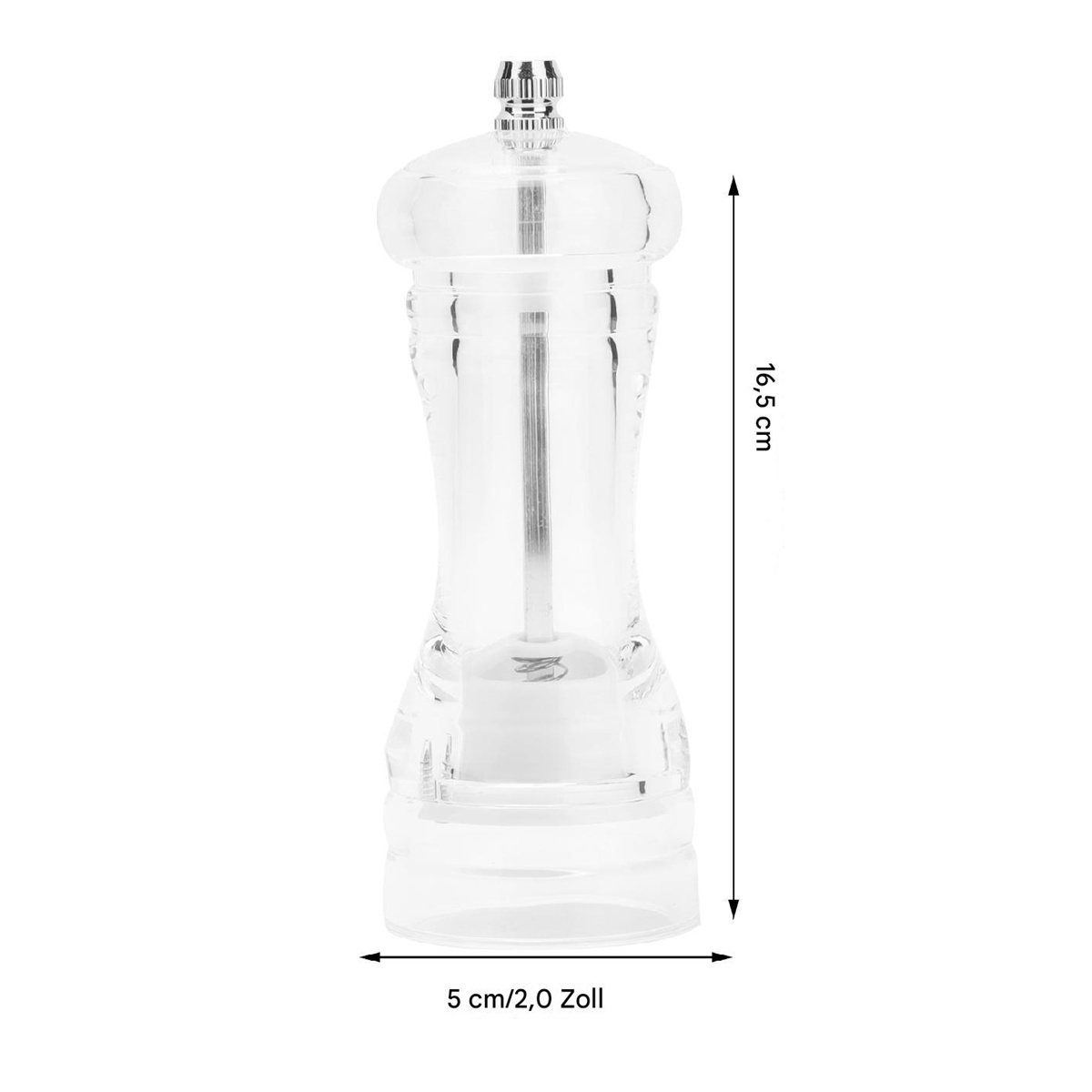 Transparente Pfeffermühle mit Maßen. Die Mühle hat einen silbernen Deckel und Boden.