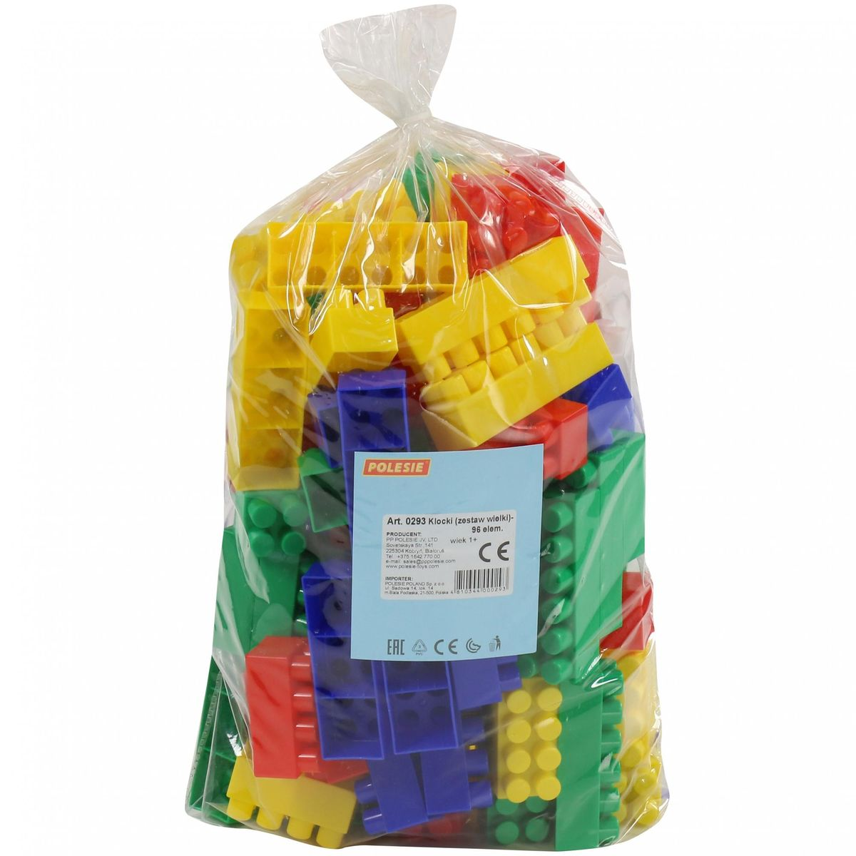 Eine transparente Plastiktüte gefüllt mit bunten Spielzeugbausteinen verschiedener Formen und Größen. Die Tüte ist versiegelt.