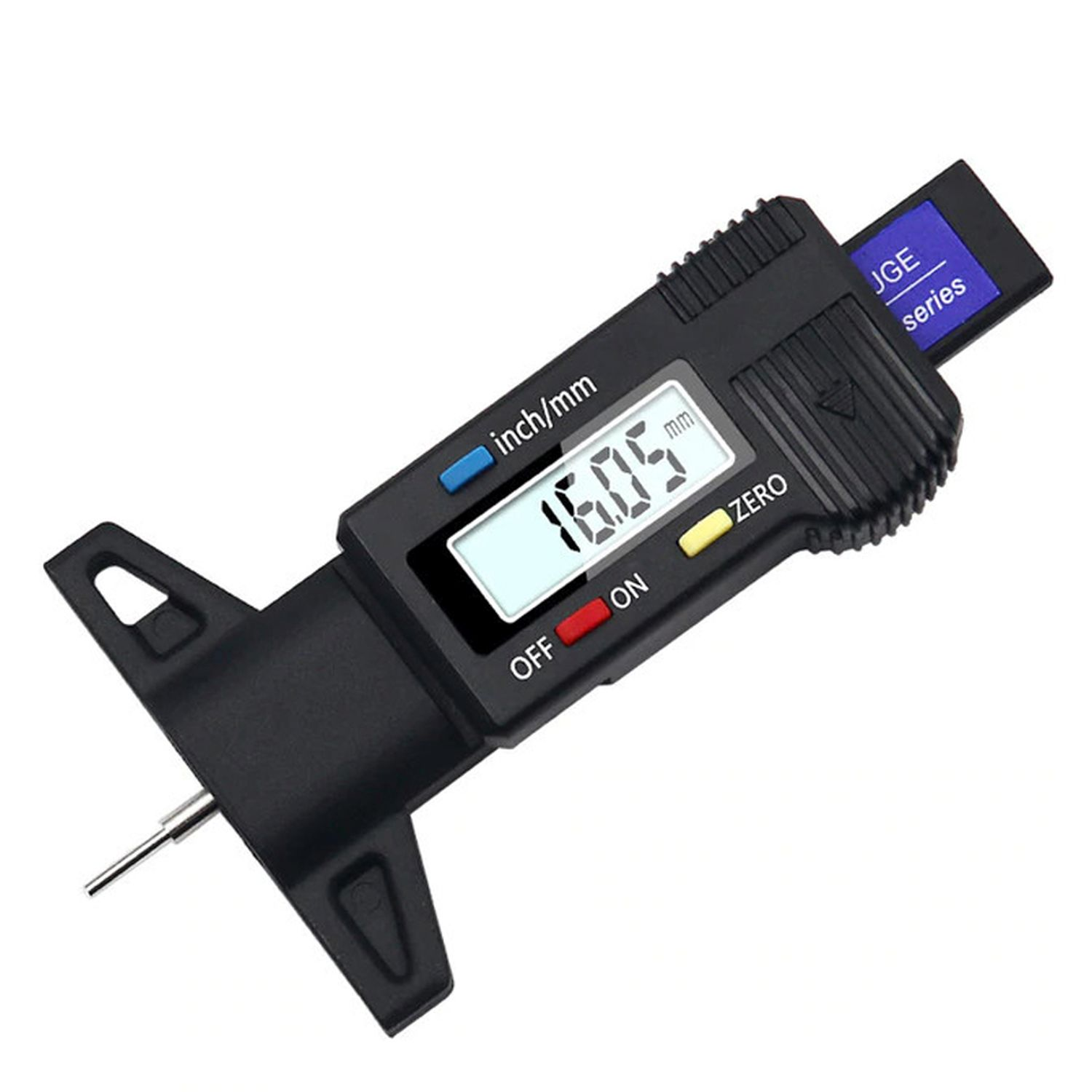 Schwarzes Reifenprofilmessgerät mit digitaler Anzeige von 16,05 mm und Zoll-/mm-Markierungen.