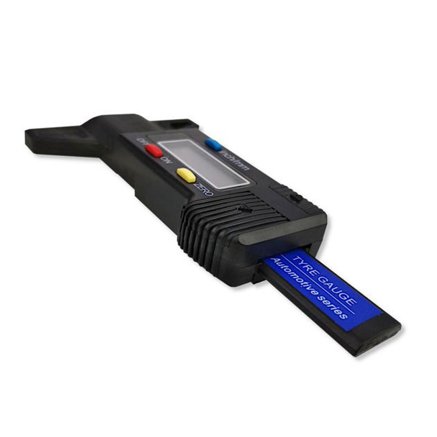 Schwarzes Reifendruckmessgerät. Das Messgerät zeigt einen digitalen Bildschirm und einen Schieber mit blauem Text: Tyre Gauge.