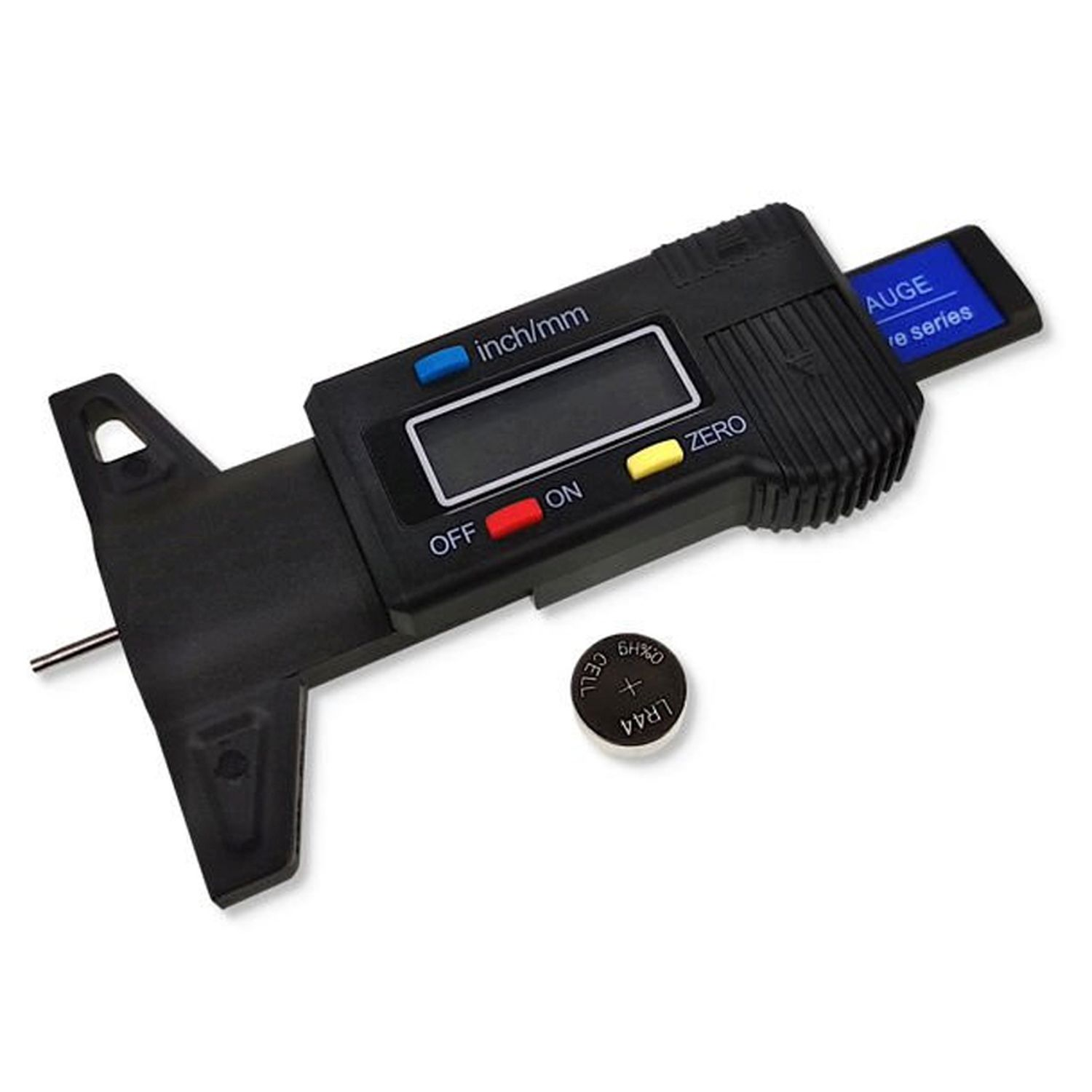 Ein schwarzes digitales Tiefenmessgerät mit Batterie und dem Text "inch/mm". Das Messgerät befindet sich auf weißem Hintergrund.