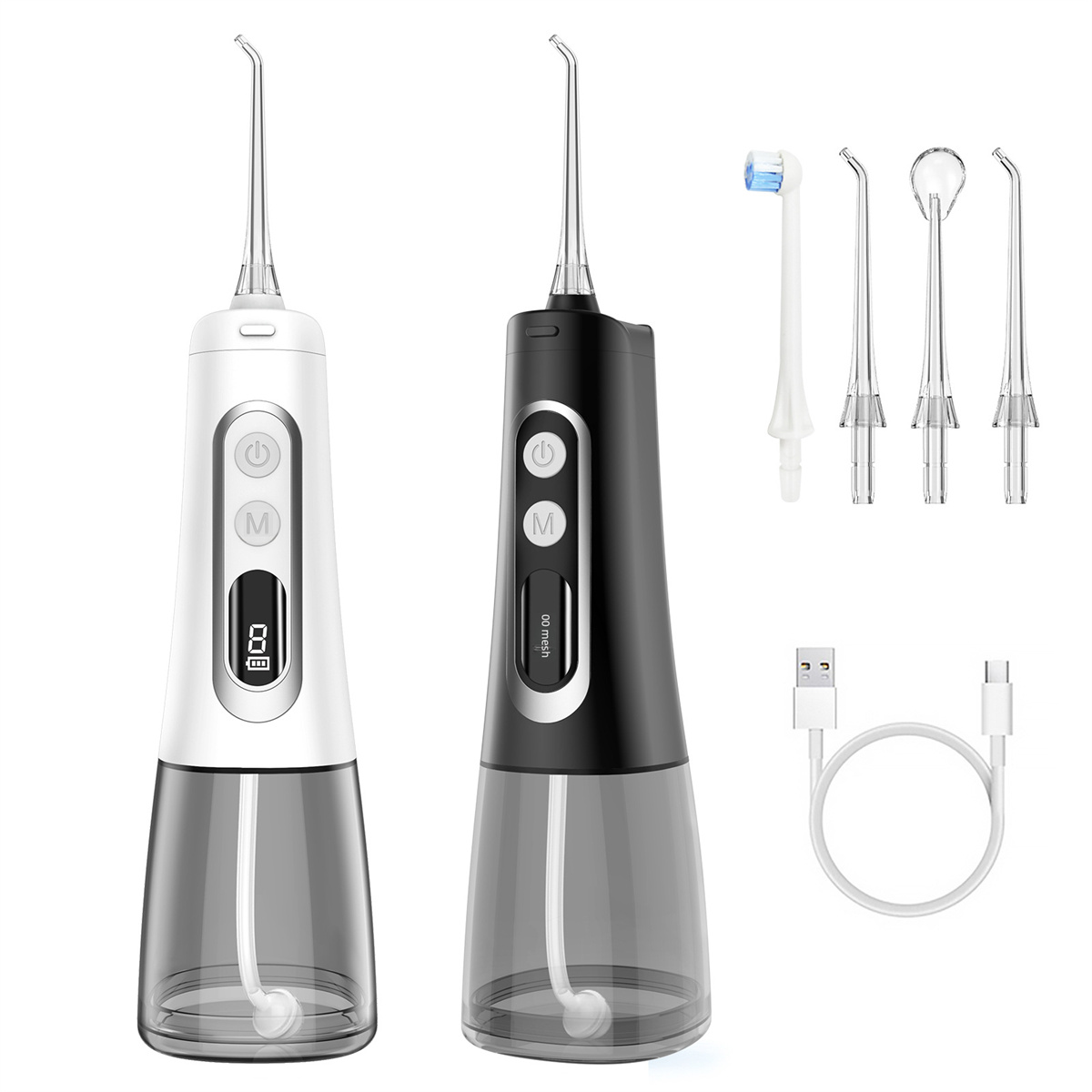Zwei Dental-Irrigatoren mit verschiedenen Aufsätzen und Zubehör werden gezeigt.