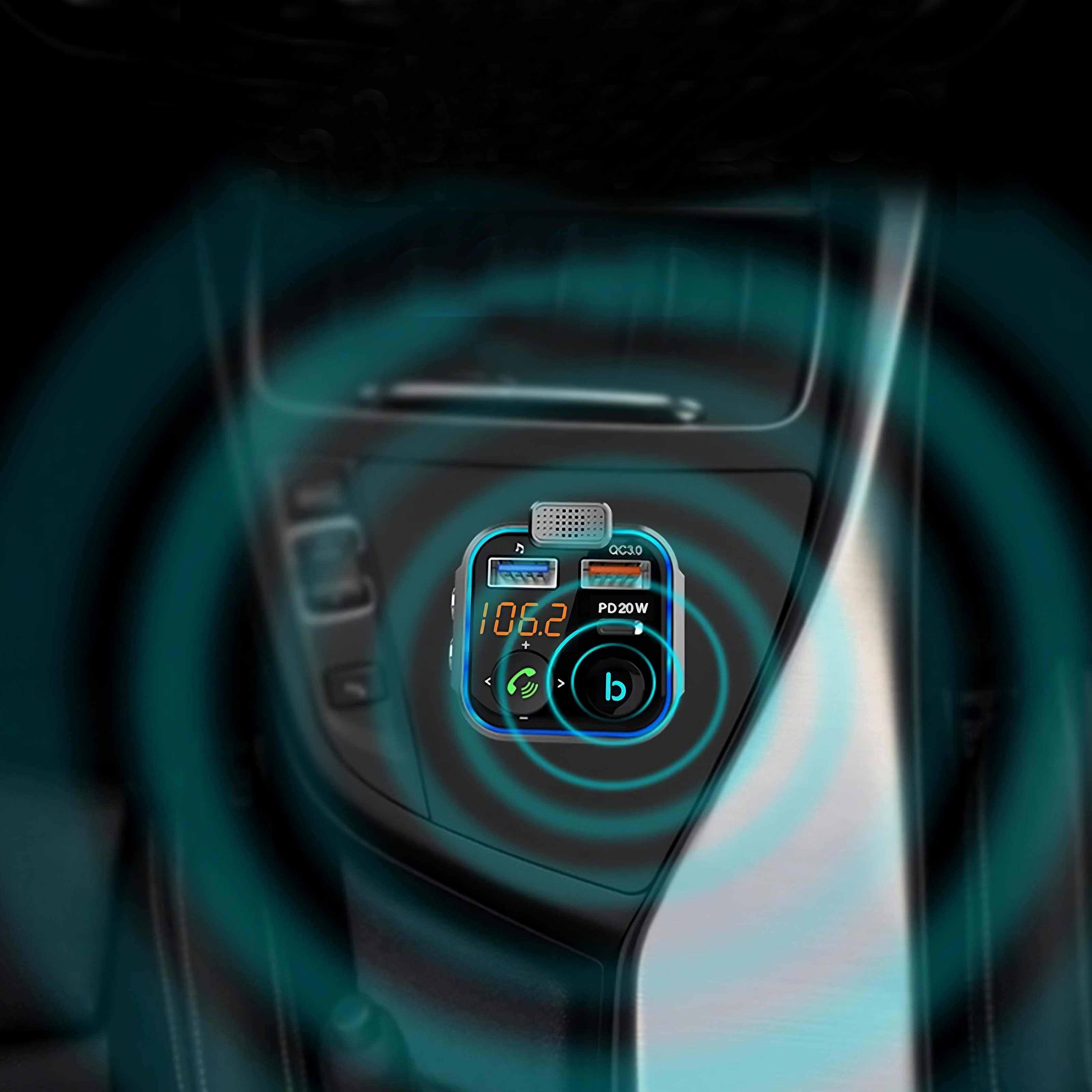 Die Konsole eines Autos hält ein Gerät, das Radioinformationen anzeigt. Das Gerät sendet eine blaue Welle aus.