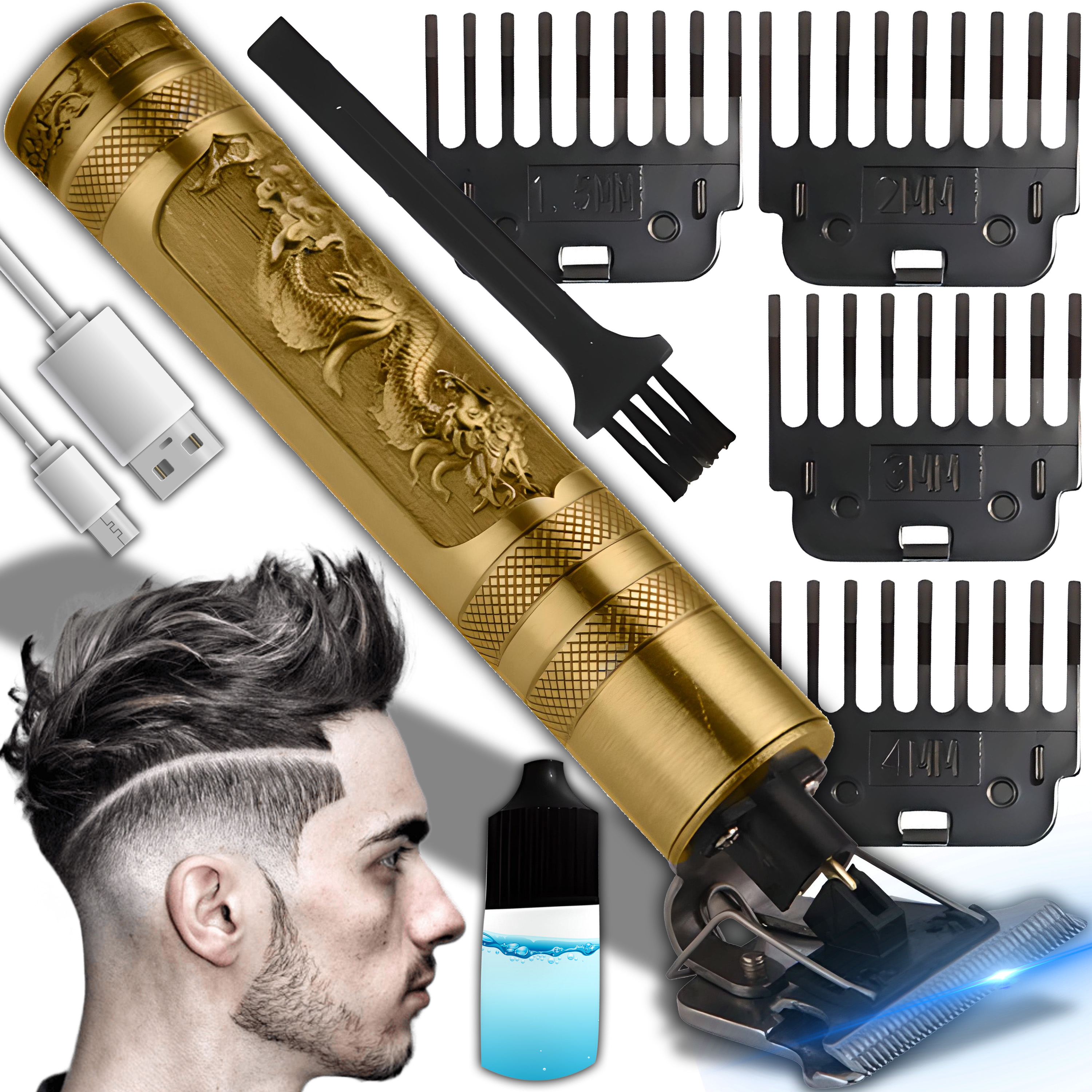 Goldener Haarschneider mit Drachendesign und Aufsätzen, mit Mann und Haaren.