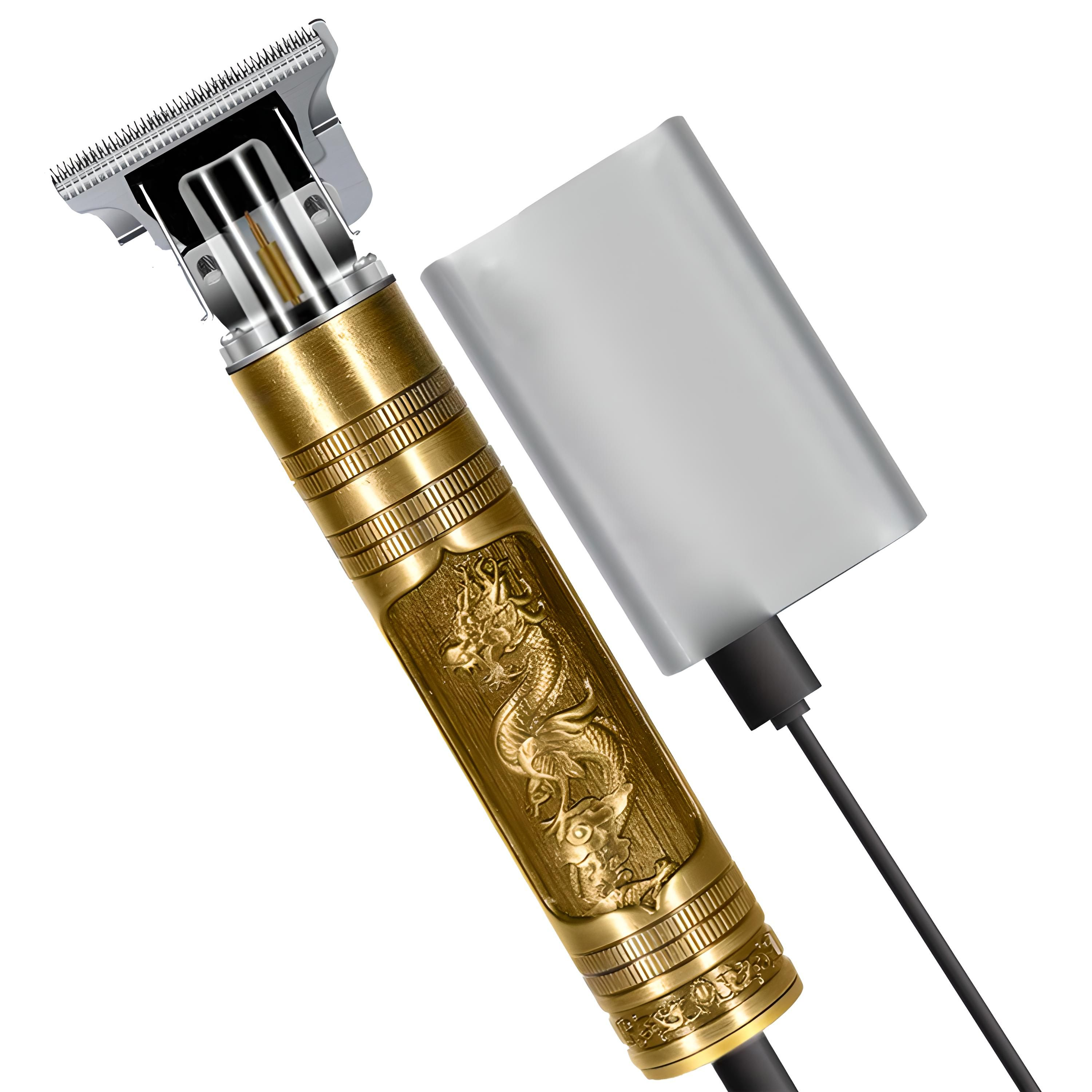 Ein goldener Haarschneider mit Drachendesign und einem Ladegerät, das mit einem schwarzen Kabel verbunden ist.
