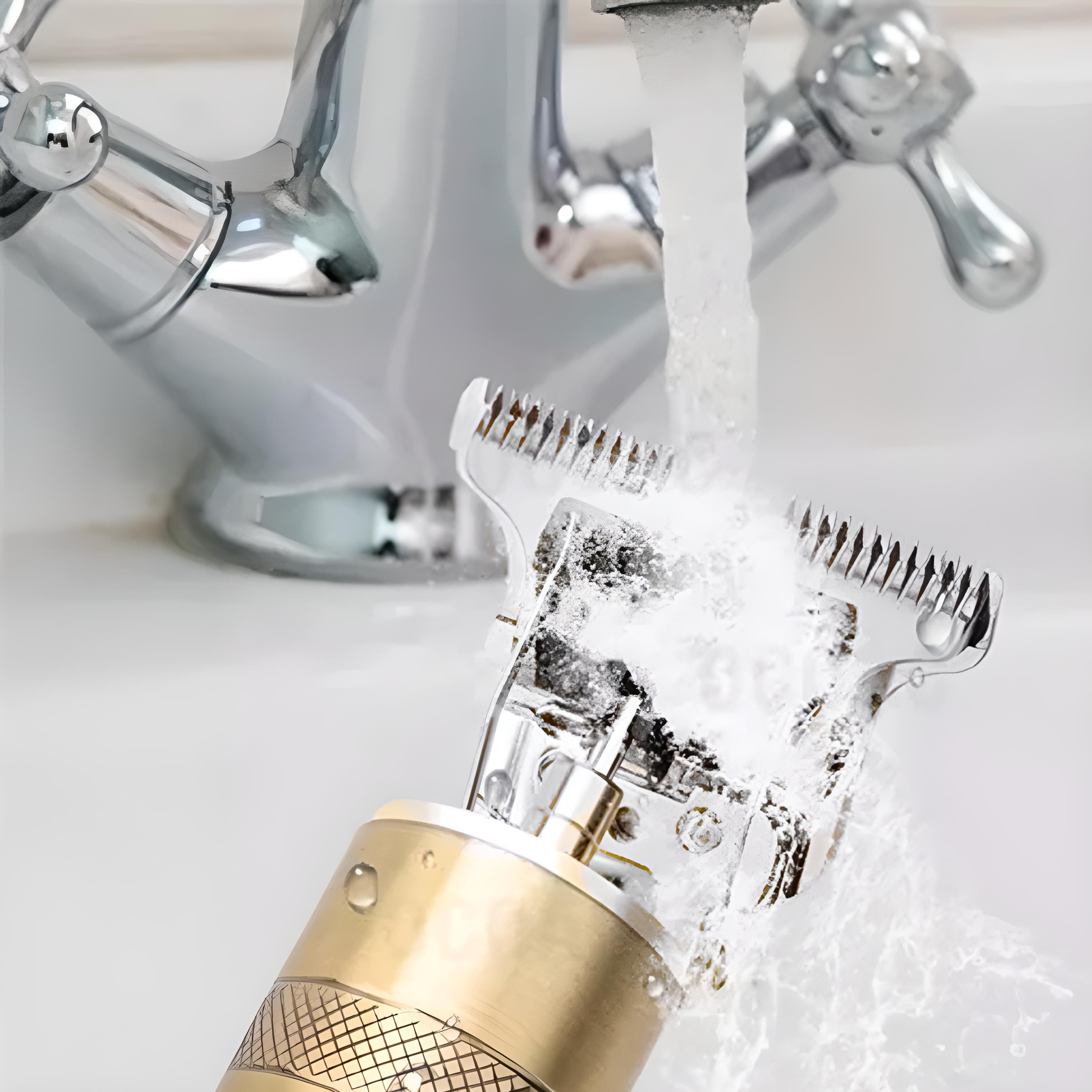 Nahaufnahme eines goldenen und silbernen Haarschneiders, der in einem weißen Waschbecken mit Wasser abgespült wird.