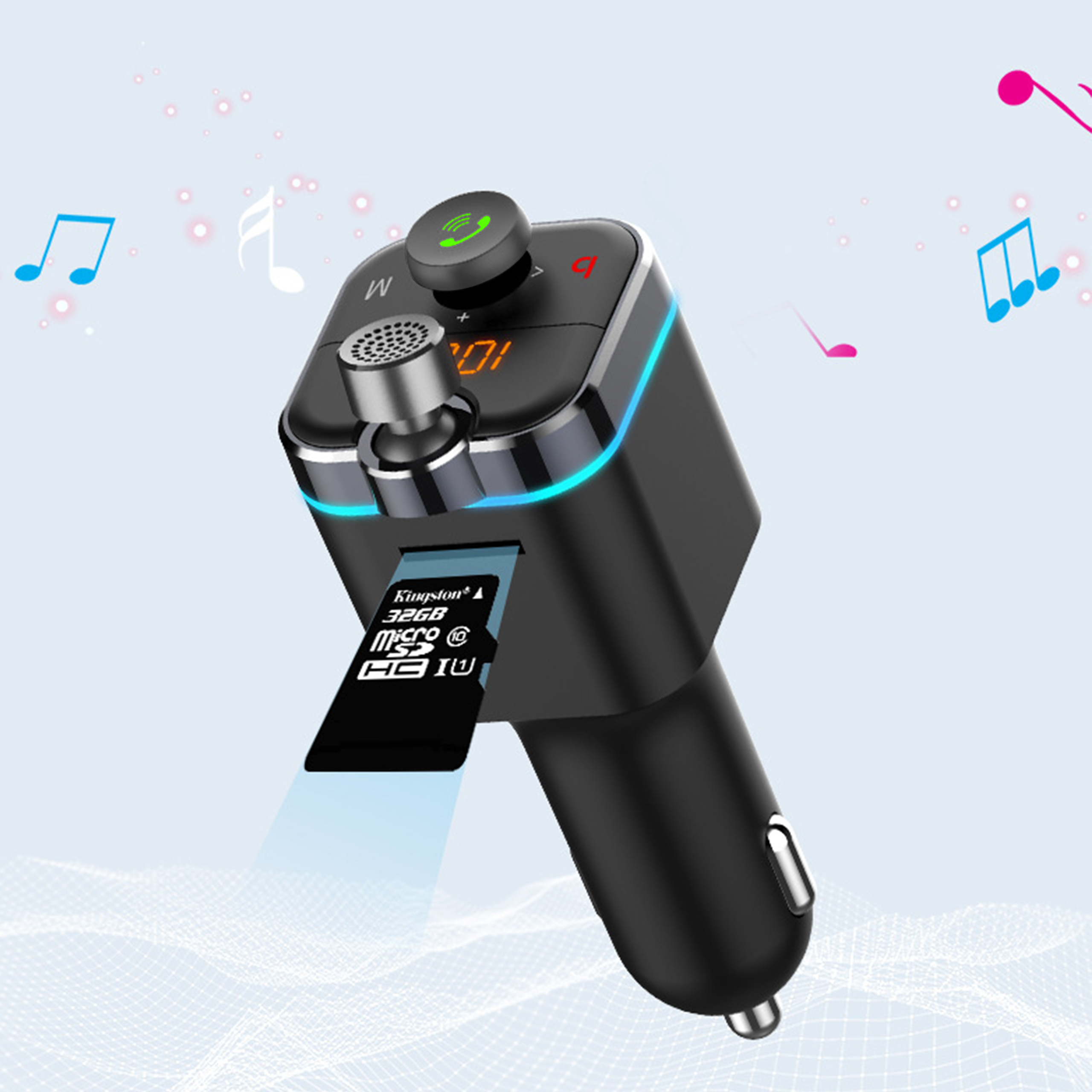 Schwarzes Autozubehör. Verfügt über Bedienelemente und einen USB-Anschluss. Spielt Musik und hat einen SD-Kartensteckplatz.