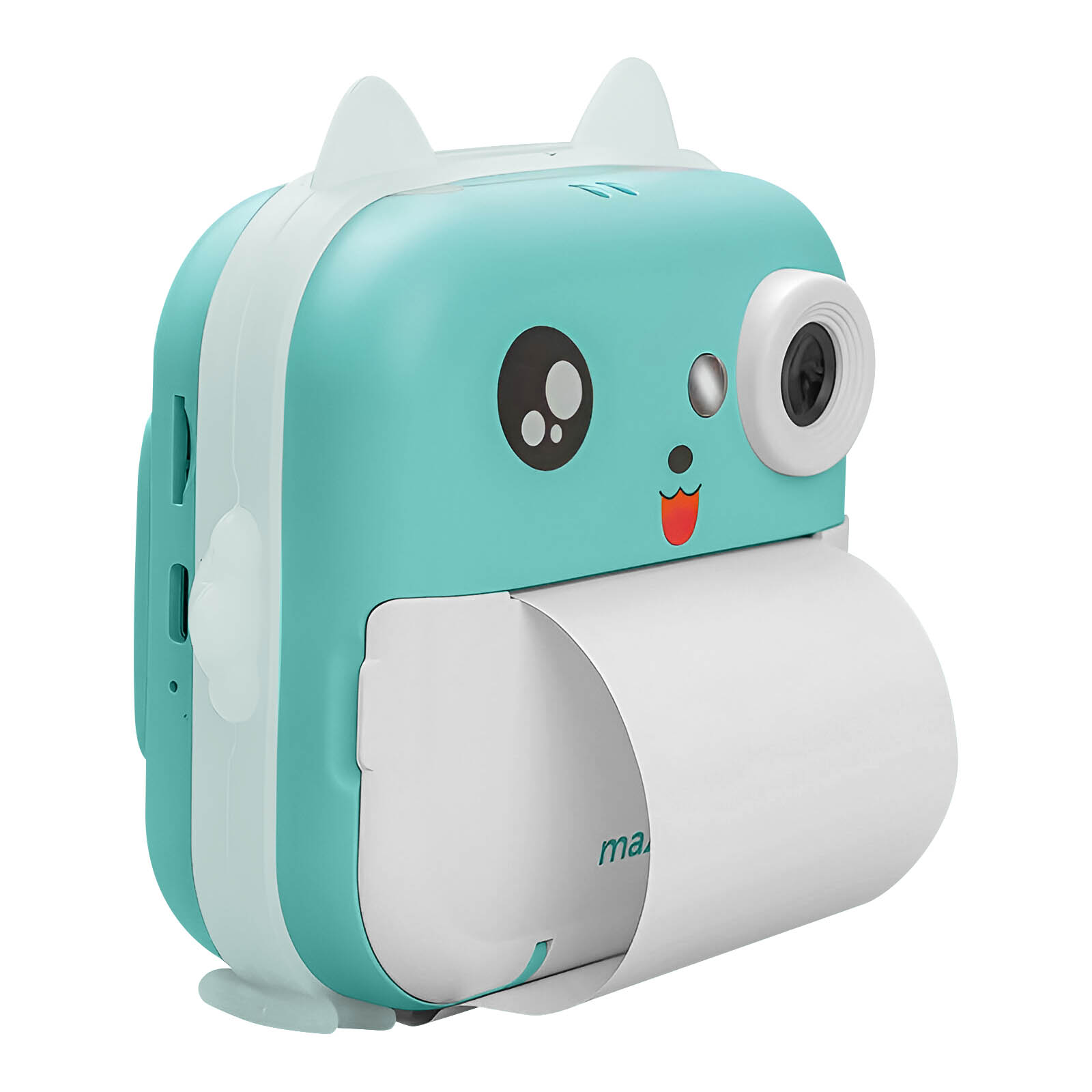 Una fotocamera blu e bianca a forma di gatto, esce un rotolo di carta, con caratteristiche da cartone animato.