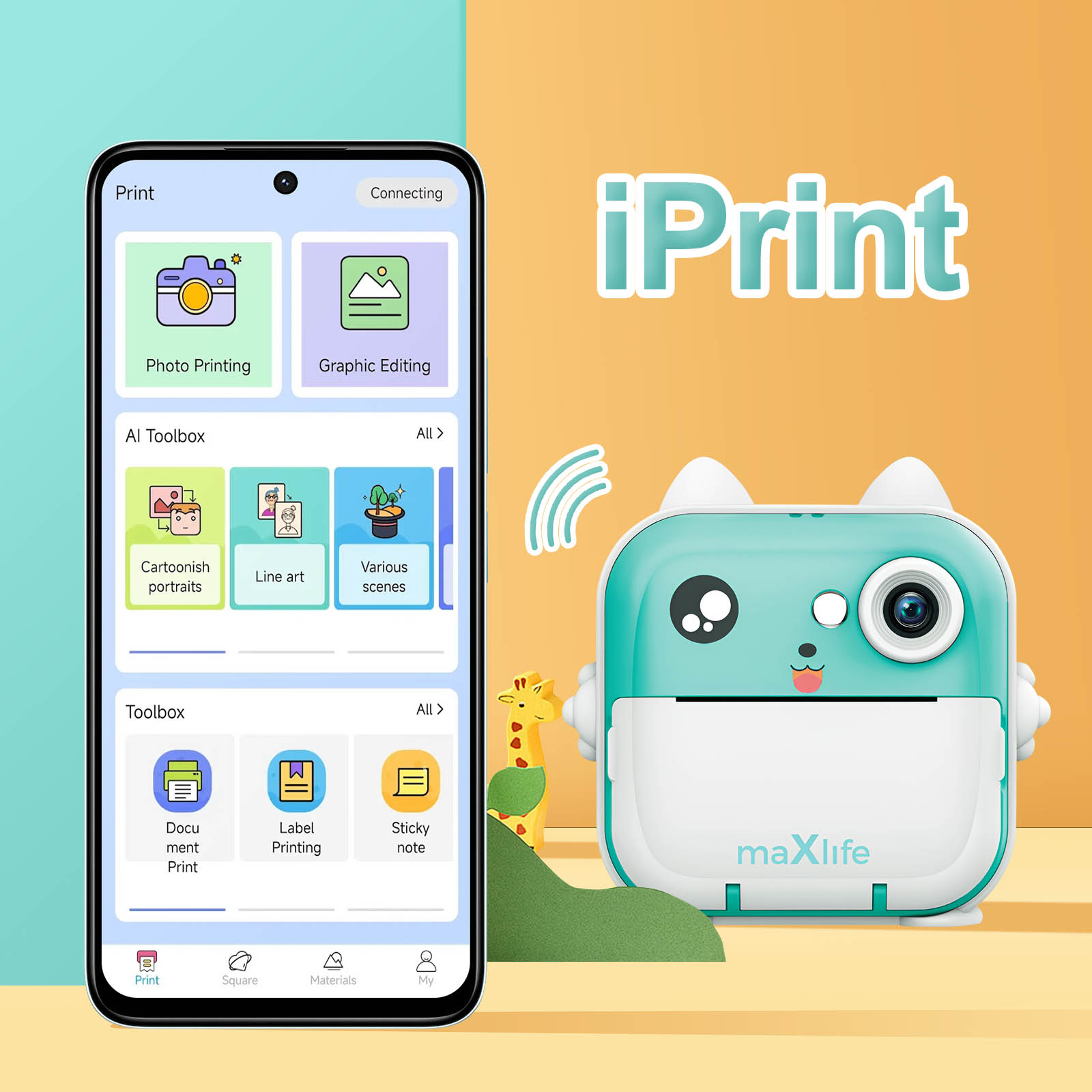 Lo schermo dello smartphone mostra l'app iPrint. Una stampante turchese con una faccia è vicina.