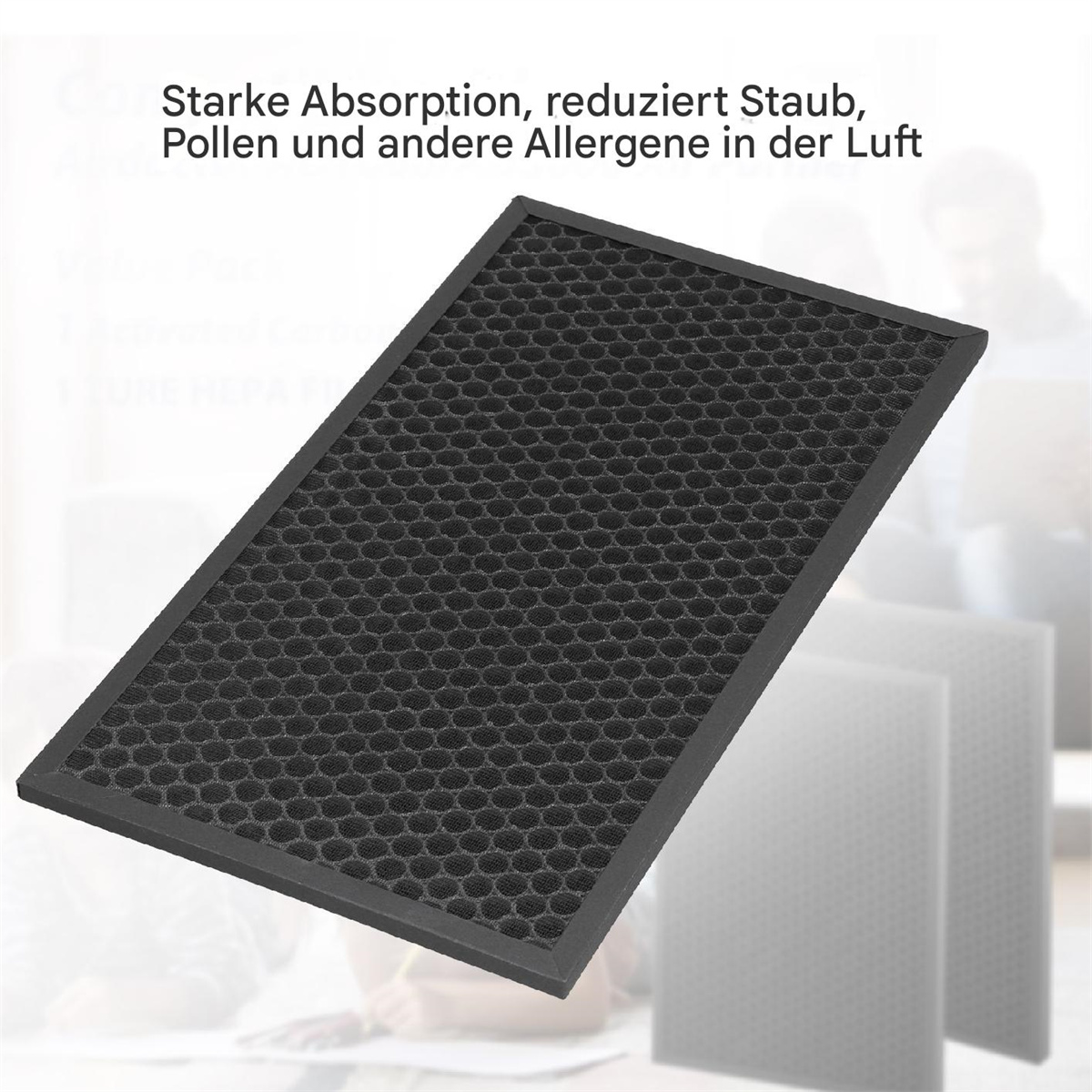 Schwarzer Luftfilter mit Wabenmuster, Text auf Deutsch.