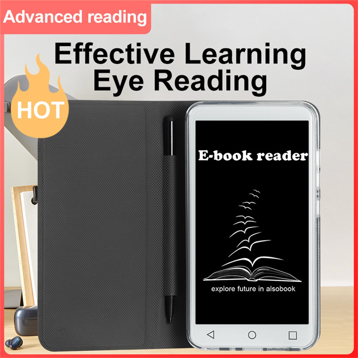 Ein E-Book-Reader mit einer Grafik eines offenen Buches, mit Hülle und Hot-Label.