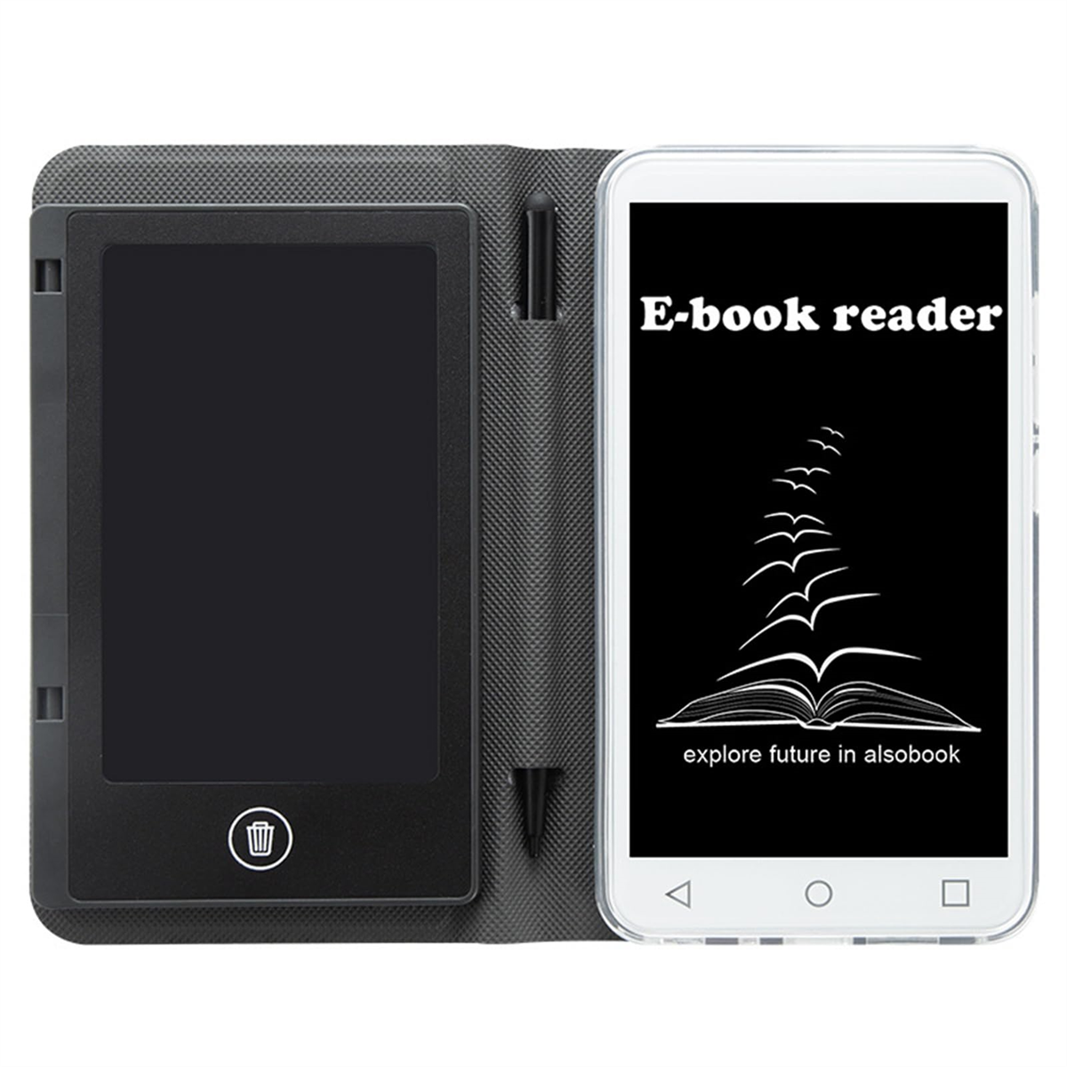 Ein E-Book-Reader mit schwarzem Cover und ein weißes Smartphone mit den Worten 'E-Book-Reader'.