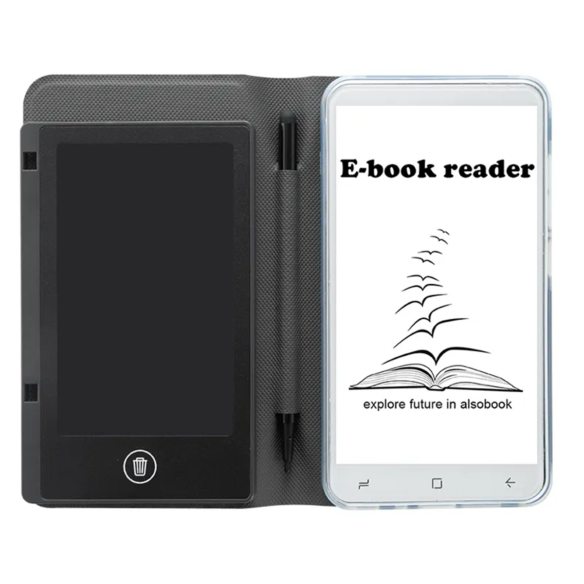 E-Book-Reader mit schwarzem Bildschirm in grauem Cover. Text: E-Book-Reader, Zukunft erkunden.