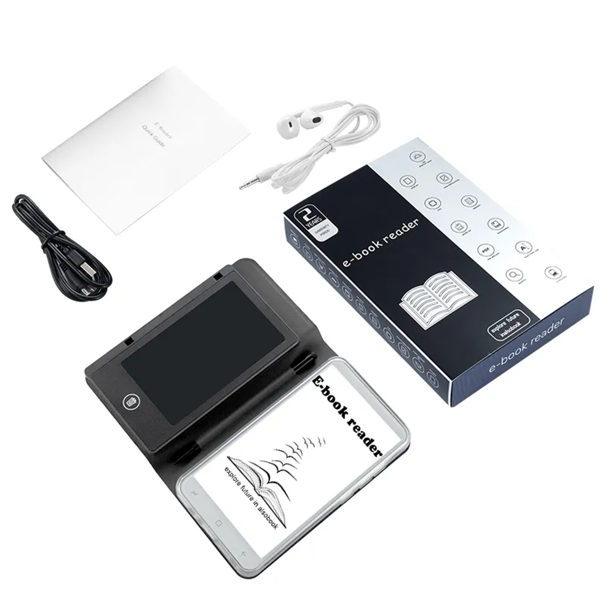 E-Book-Reader mit Zubehör. Enthält den Reader, eine Hülle, Kabel, Kopfhörer und eine Anleitung.
