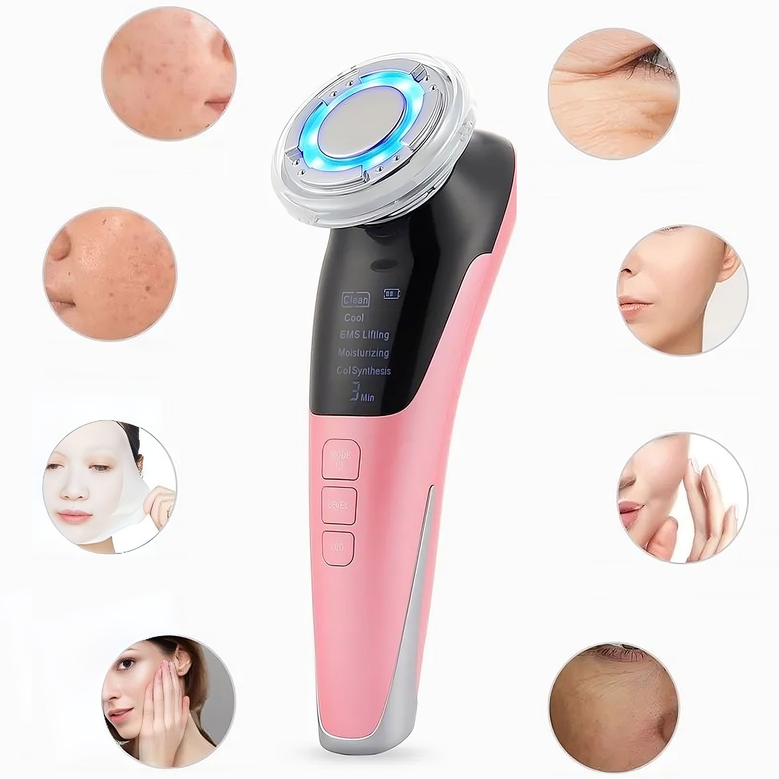 Pinkfarbenes Gesichtsbehandlungsgerät mit blauem Licht, umgeben von Bildern von Hautzuständen und Gesichtsmerkmalen.