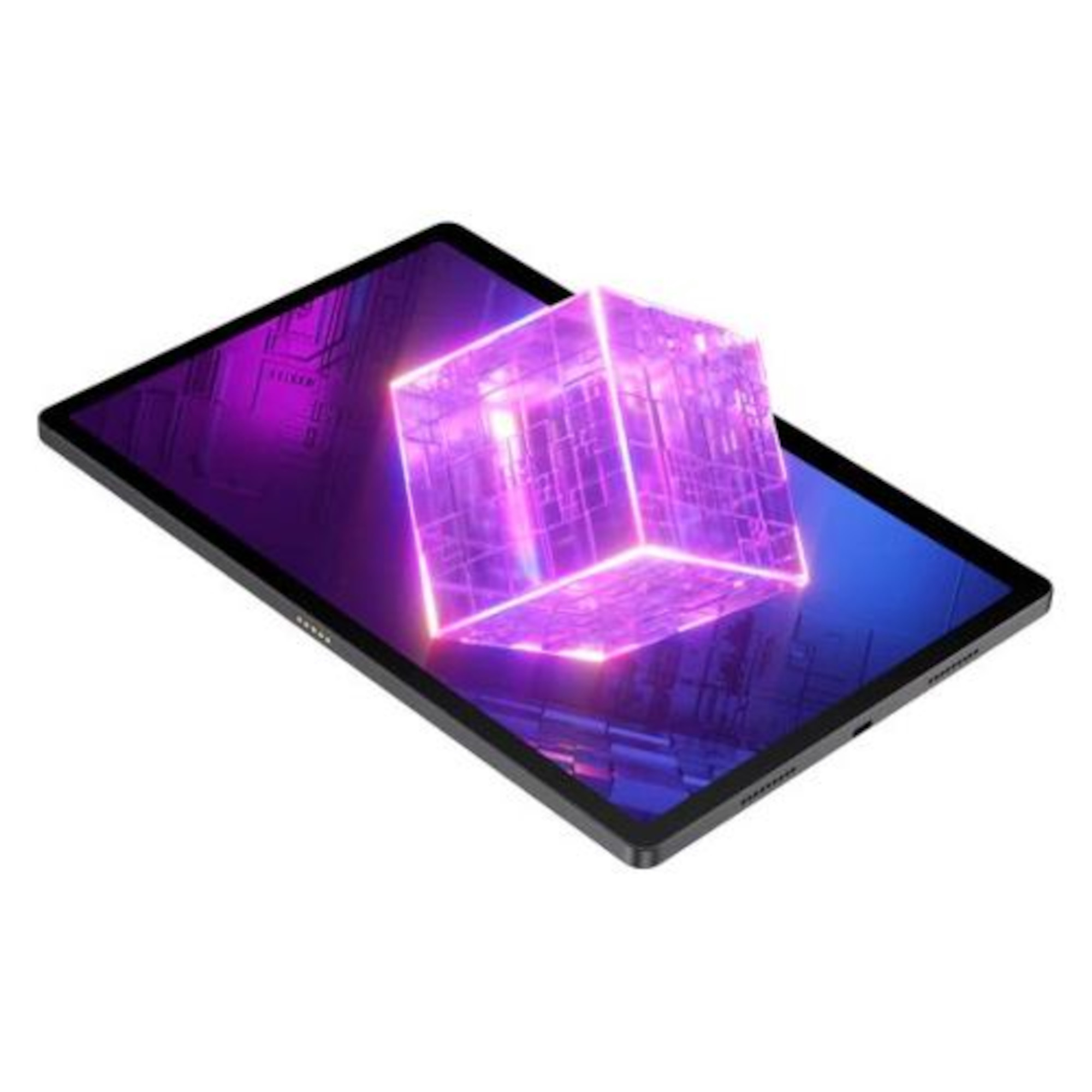 Ein schwarzes Tablet, das einen leuchtenden, lila Würfel auf blau-violettem Hintergrund zeigt.