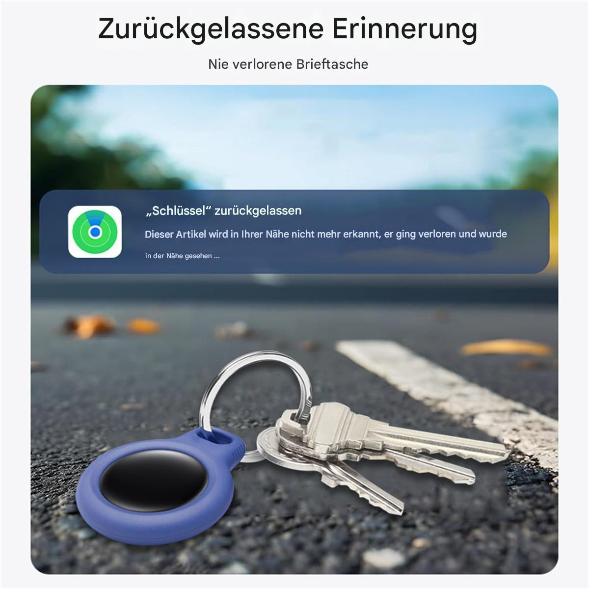 Schlüssel und ein blauer Schlüsselfinder. Eine Telefonbenachrichtigung besagt, dass 'Schlüssel' zurückgelassen wurde.