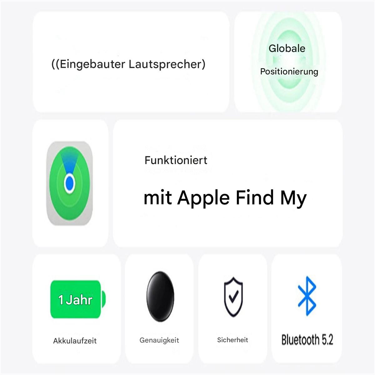 Weißes Design mit Apple Find My Kompatibilität, Icons und Text auf Deutsch.