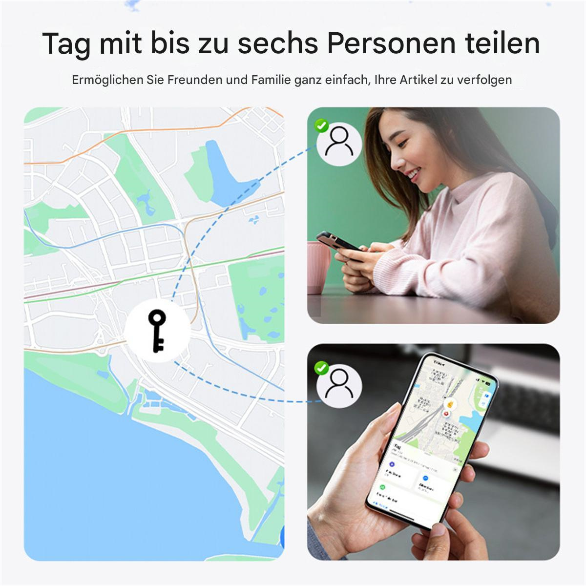 Eine Karte mit einem Schlüsselsymbol, zwei Handys mit Kartenanzeigen und eine Frau.