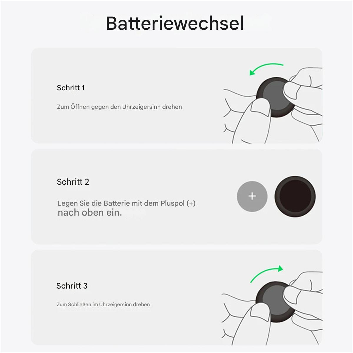 Batteriewechsel-Schritte: Abschrauben, Batterie mit Pluspol nach oben einlegen, wieder anschrauben.