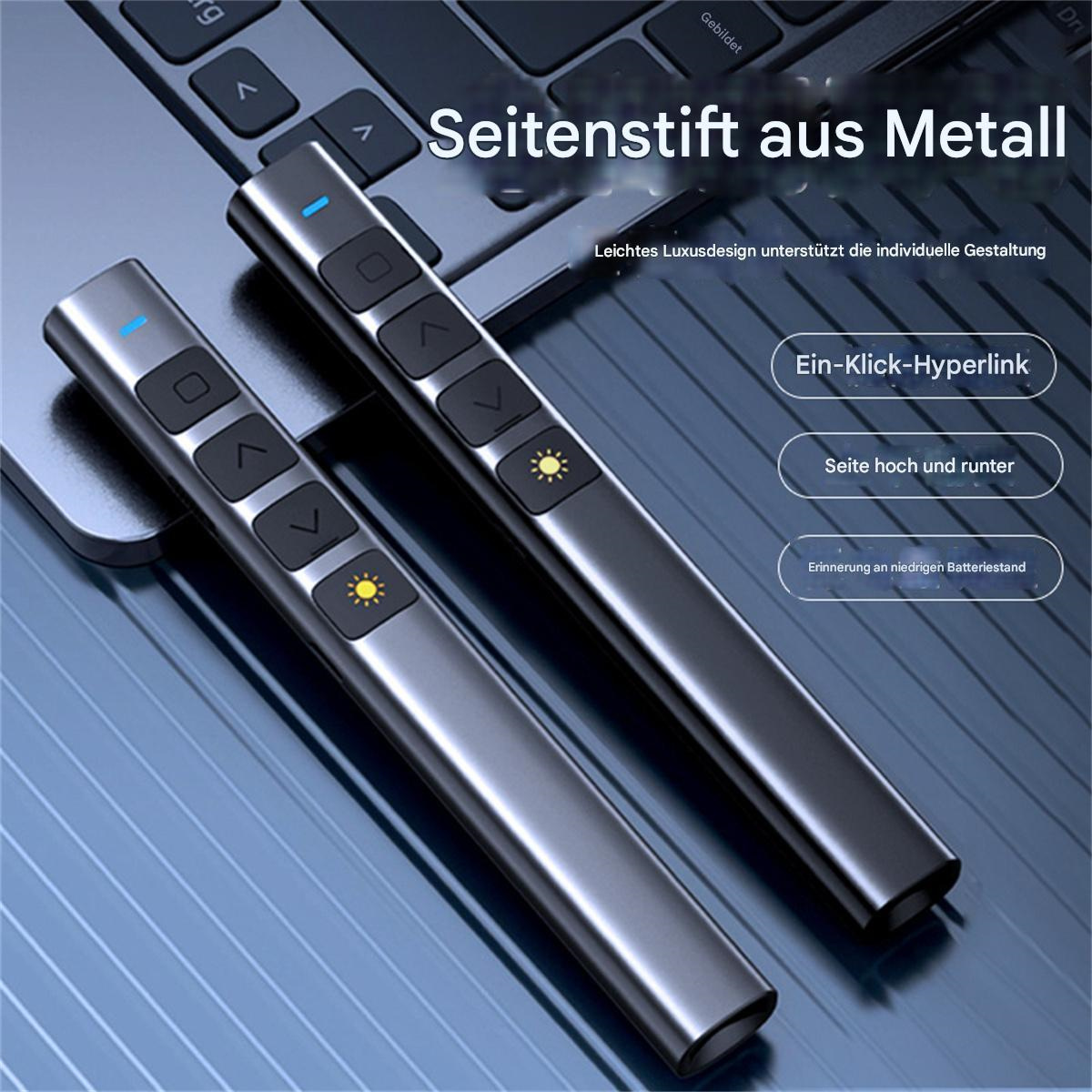 Zwei silberne Präsentations-Clicker mit schwarzen Knöpfen auf einer Tastatur. Text auf Deutsch ist sichtbar.