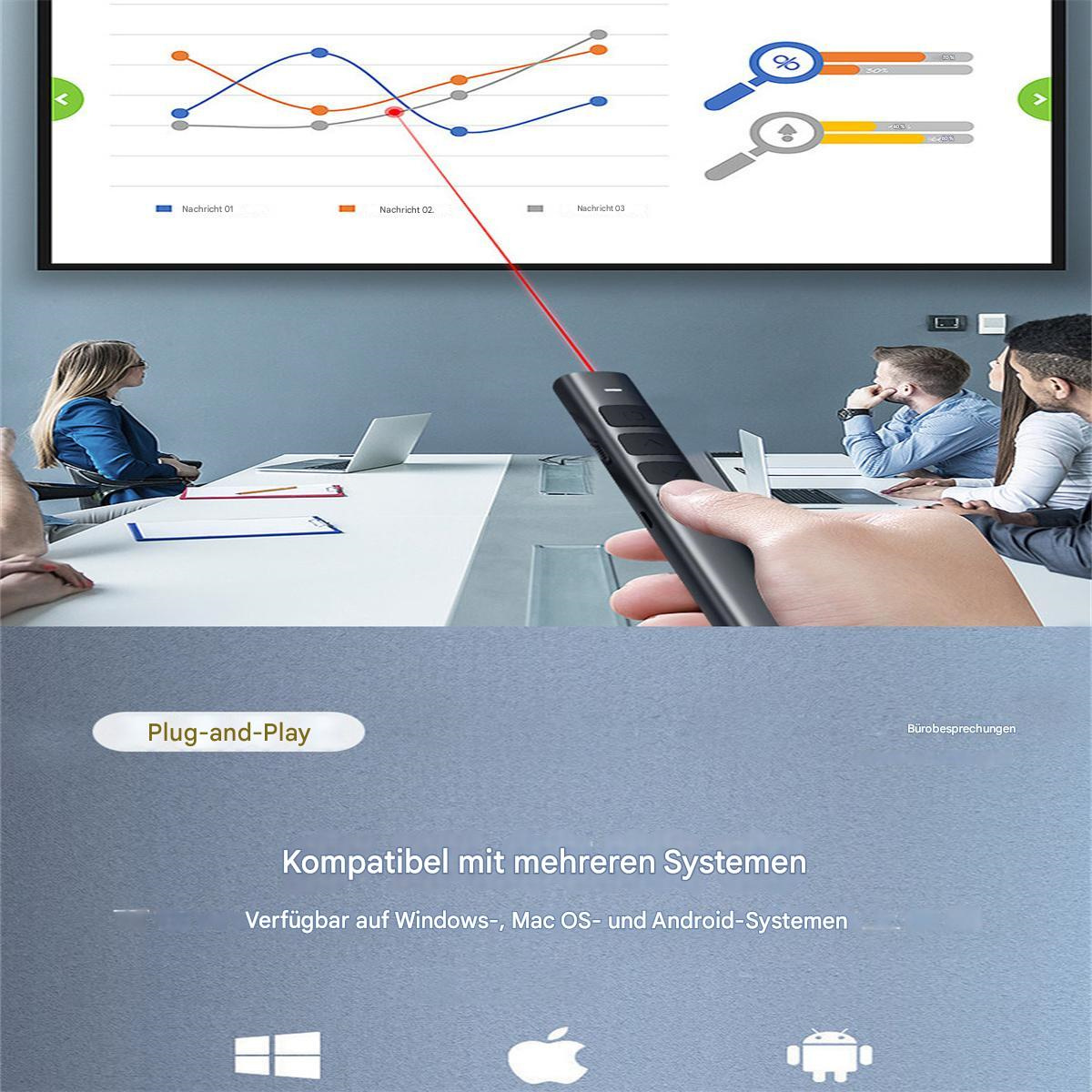 Präsentationsfernbedienung mit Laserpointer. Diagramm im Hintergrund. Text: Plug-and-Play.
