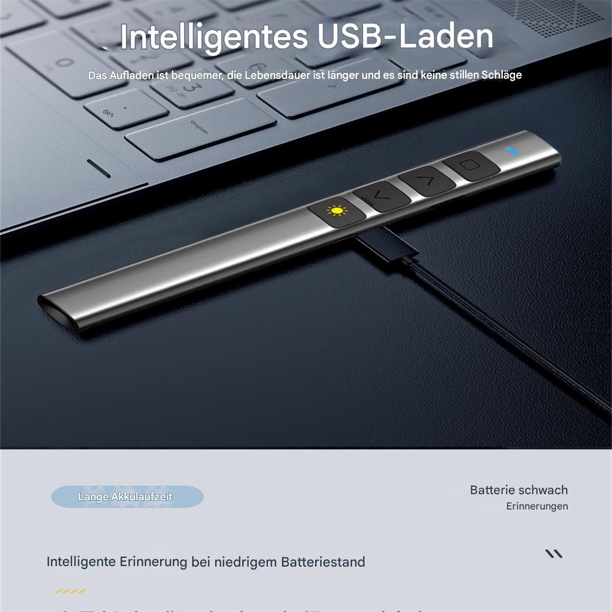 Silberne Präsentationsfernbedienung, die an einen Laptop angeschlossen ist. Sie hat Tasten und ein Licht. Schwarzer Hintergrund.