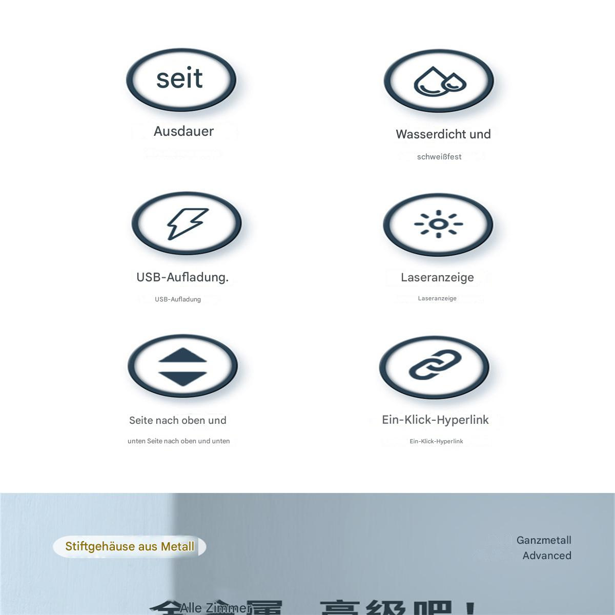 Symbole mit Text: Haltbarkeit, wasserdicht, USB-Aufladung, Laseranzeige, hoch/runter, Hyperlink.