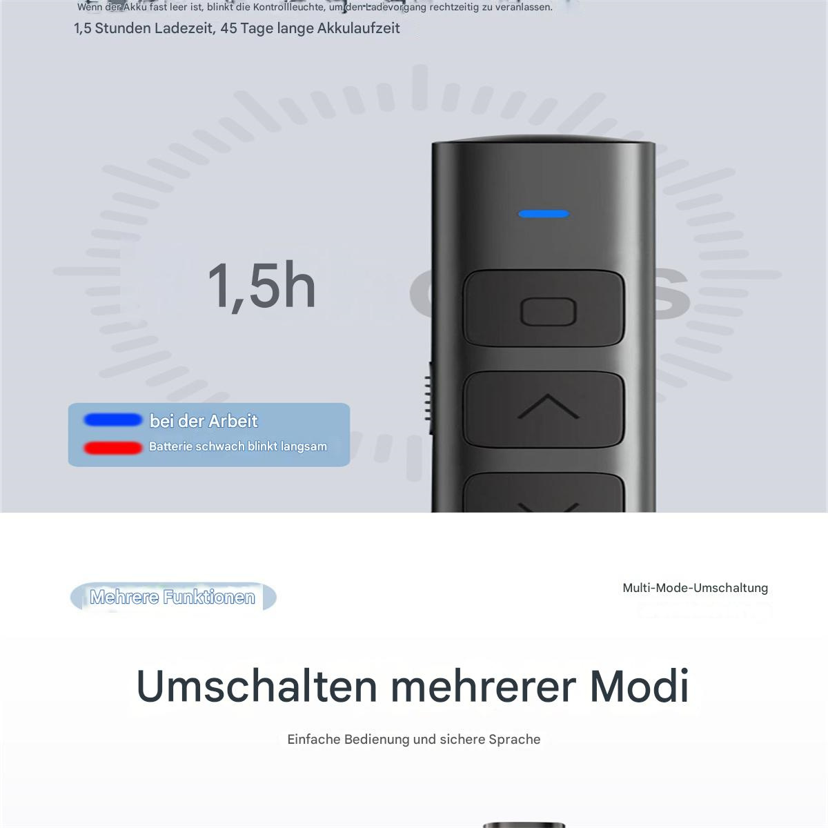 Eine schwarze Präsentationsfernbedienung mit drei Tasten. Text erklärt das Aufladen und die Funktionalität.
