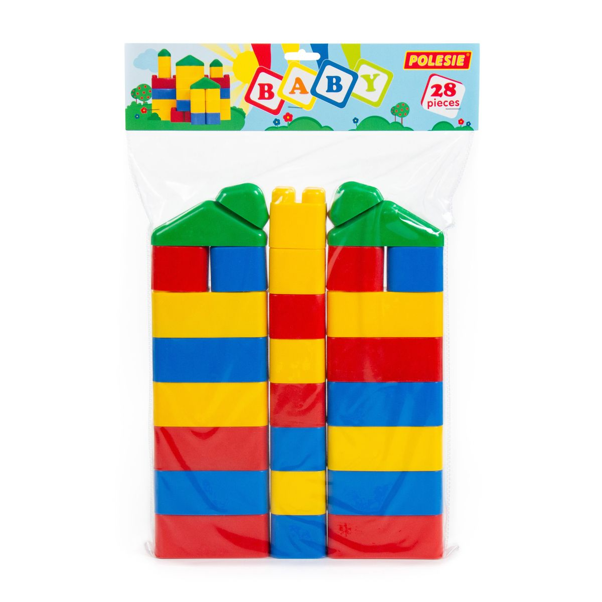 Eine Tüte mit bunten Plastikbausteinen, die zu einem Turm geformt sind.