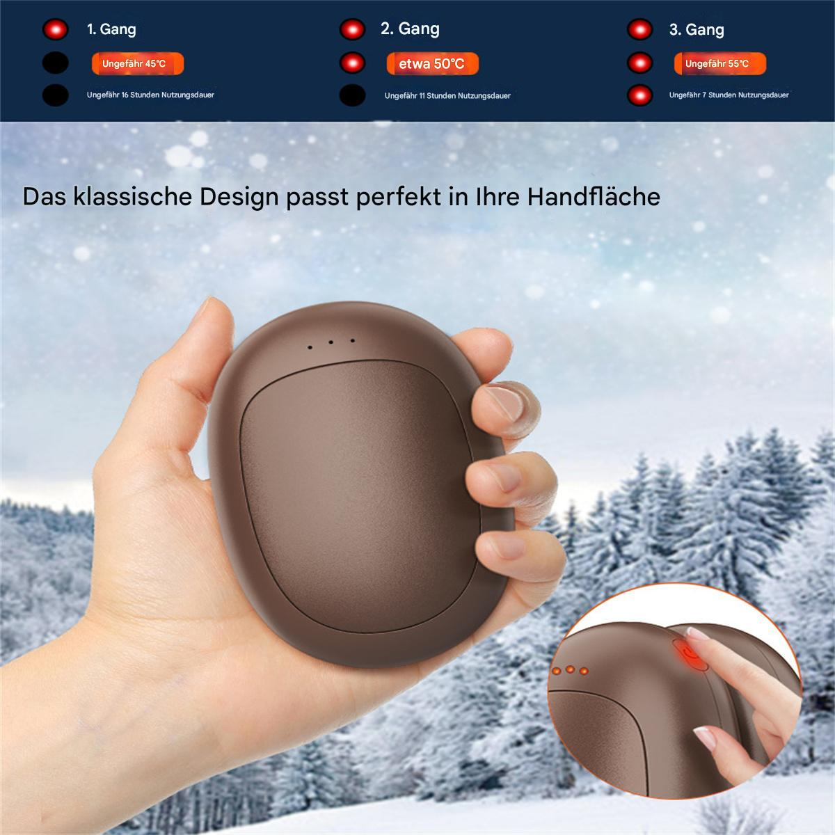 Eine Hand, die einen braunen Handwärmer hält, mit drei Einstelllichtern und einer Winterszene.