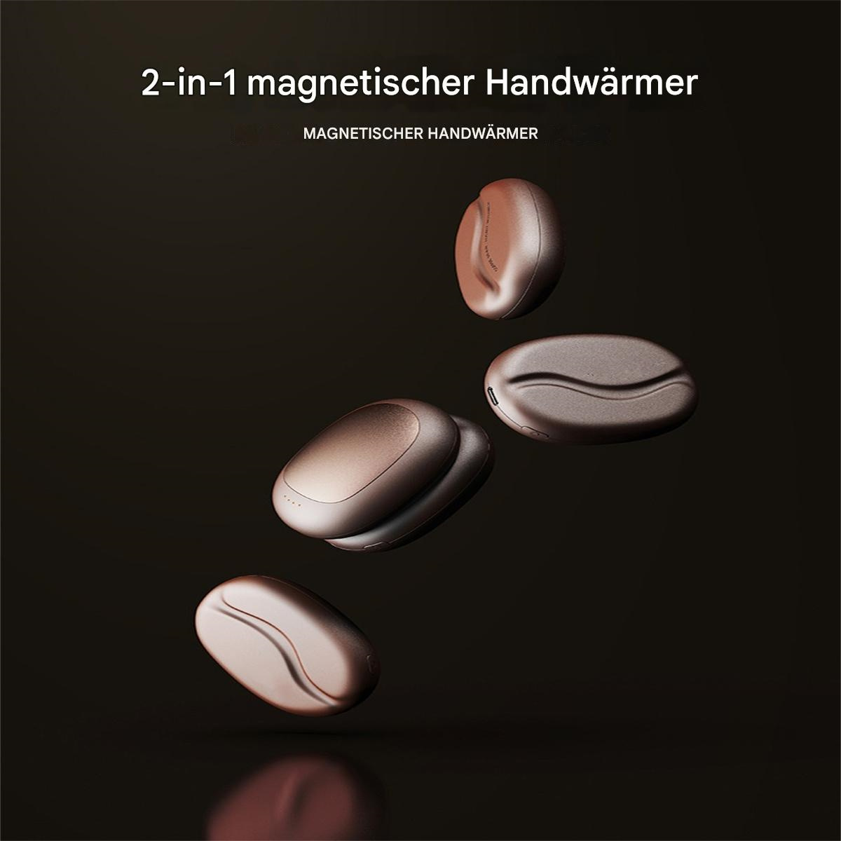 Kaffeebohnen-förmige Handwärmer schweben in der Luft vor dunklem Hintergrund.