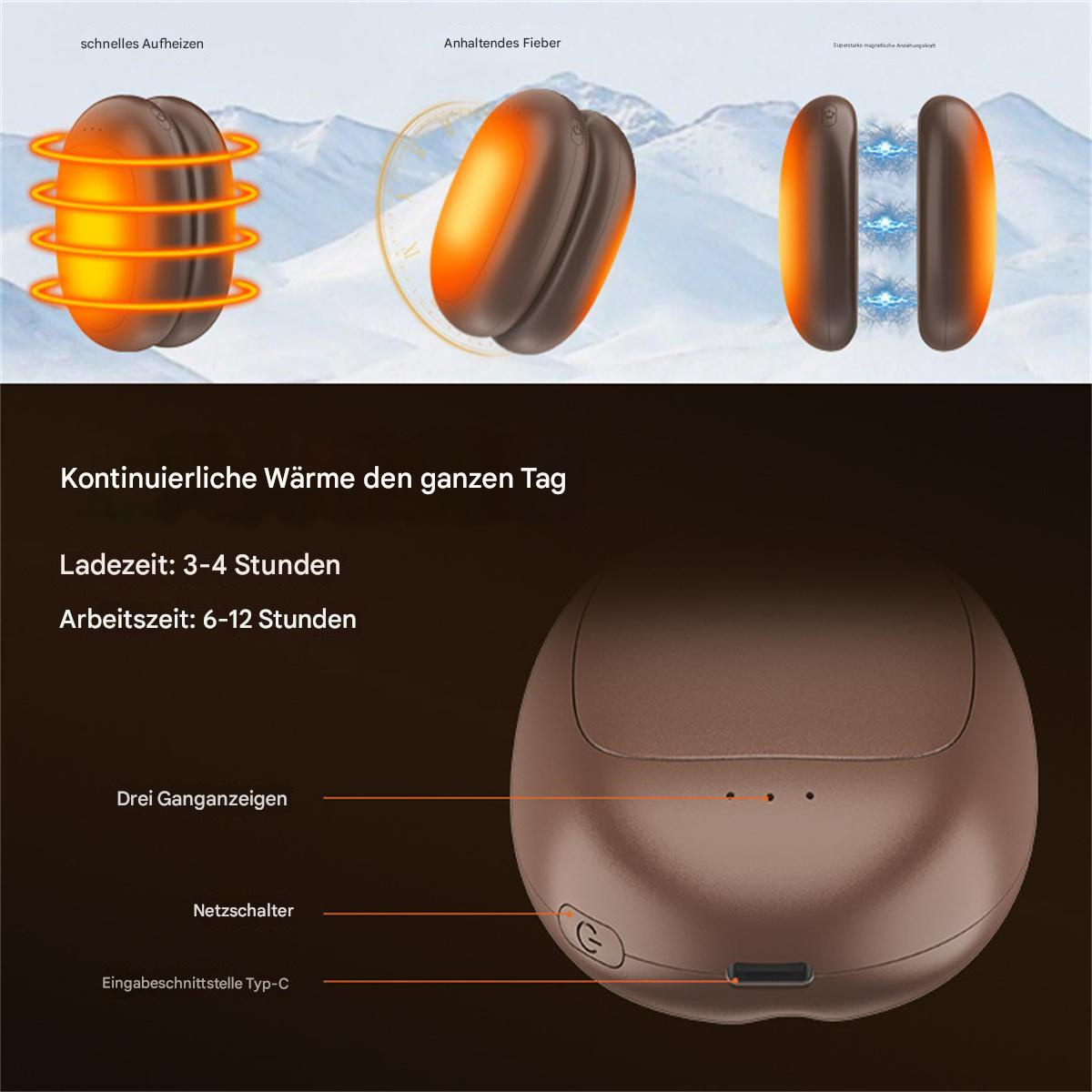 Ein brauner Handwärmer mit Steuertasten und einem Ladeanschluss, zusammen mit Bildern von Hitzewellen.