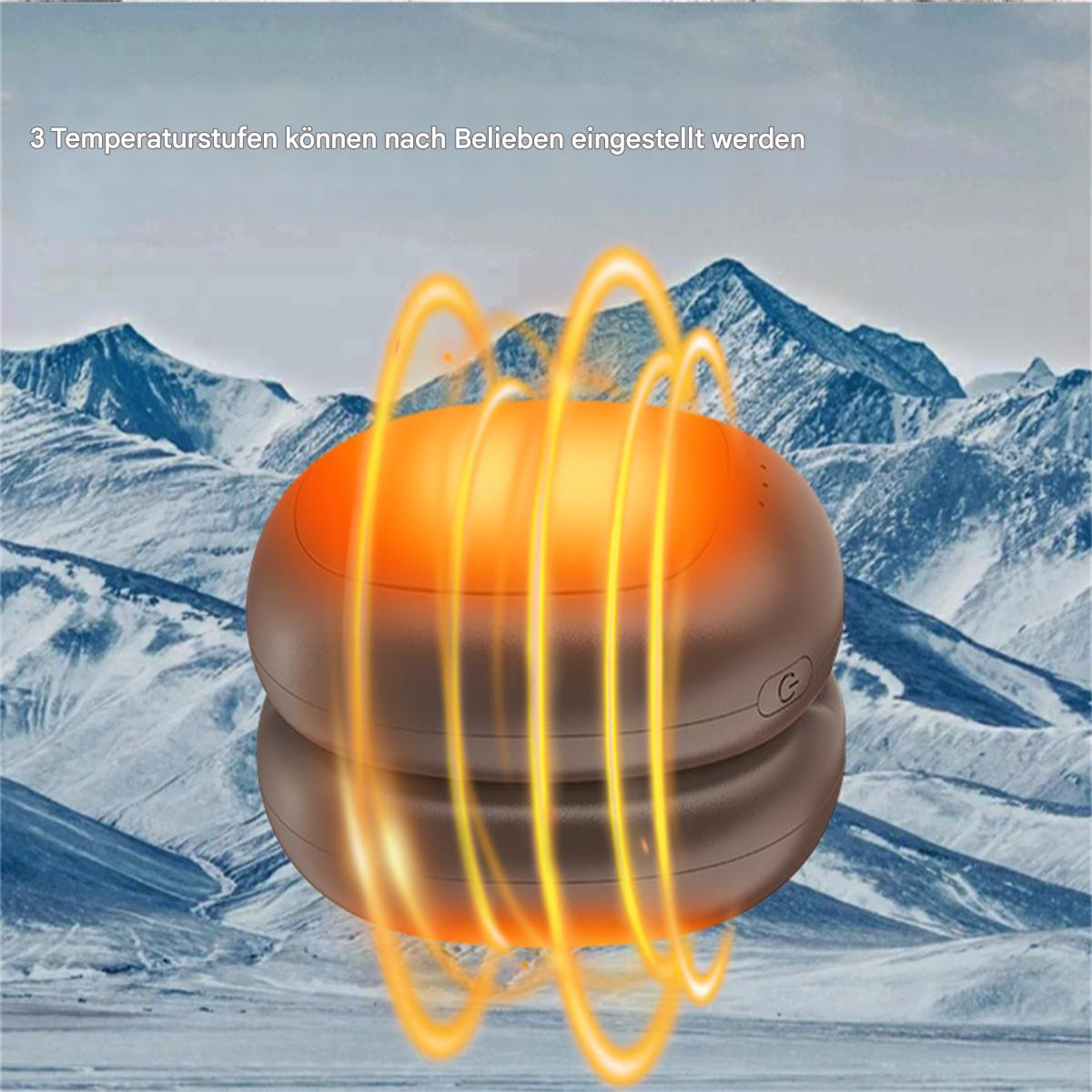 Ein dunkelbraunes Heizkissen mit Energiewellen vor schneebedeckter Bergkulisse.