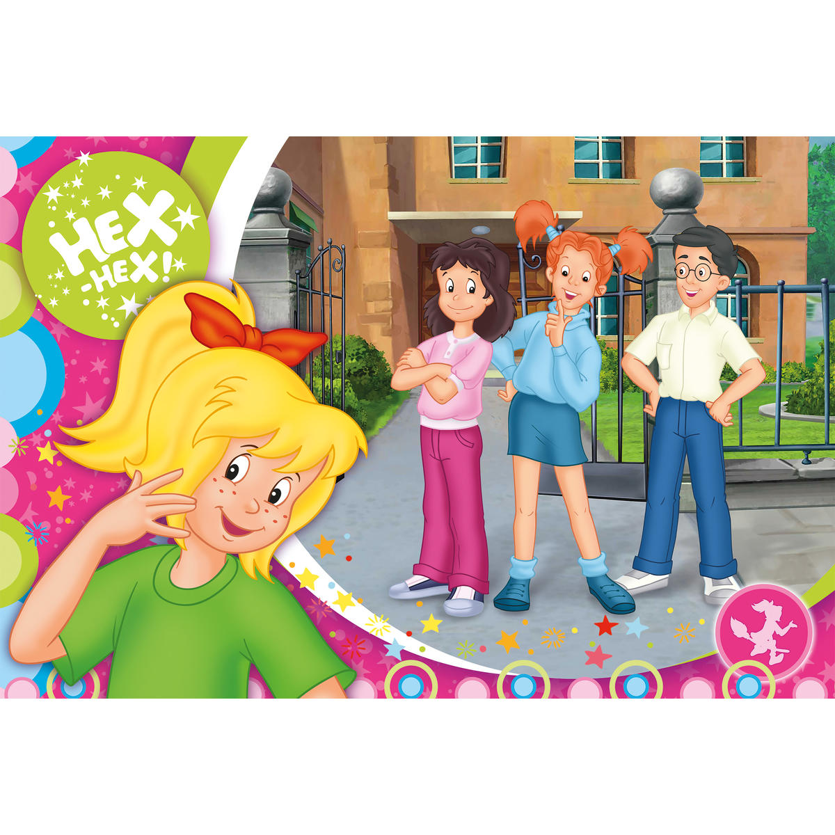 Cartoonbild von vier Kindern. Ein Mädchen zeigt, andere stehen. Text: HEXI-HEXI! und ein Logo.
