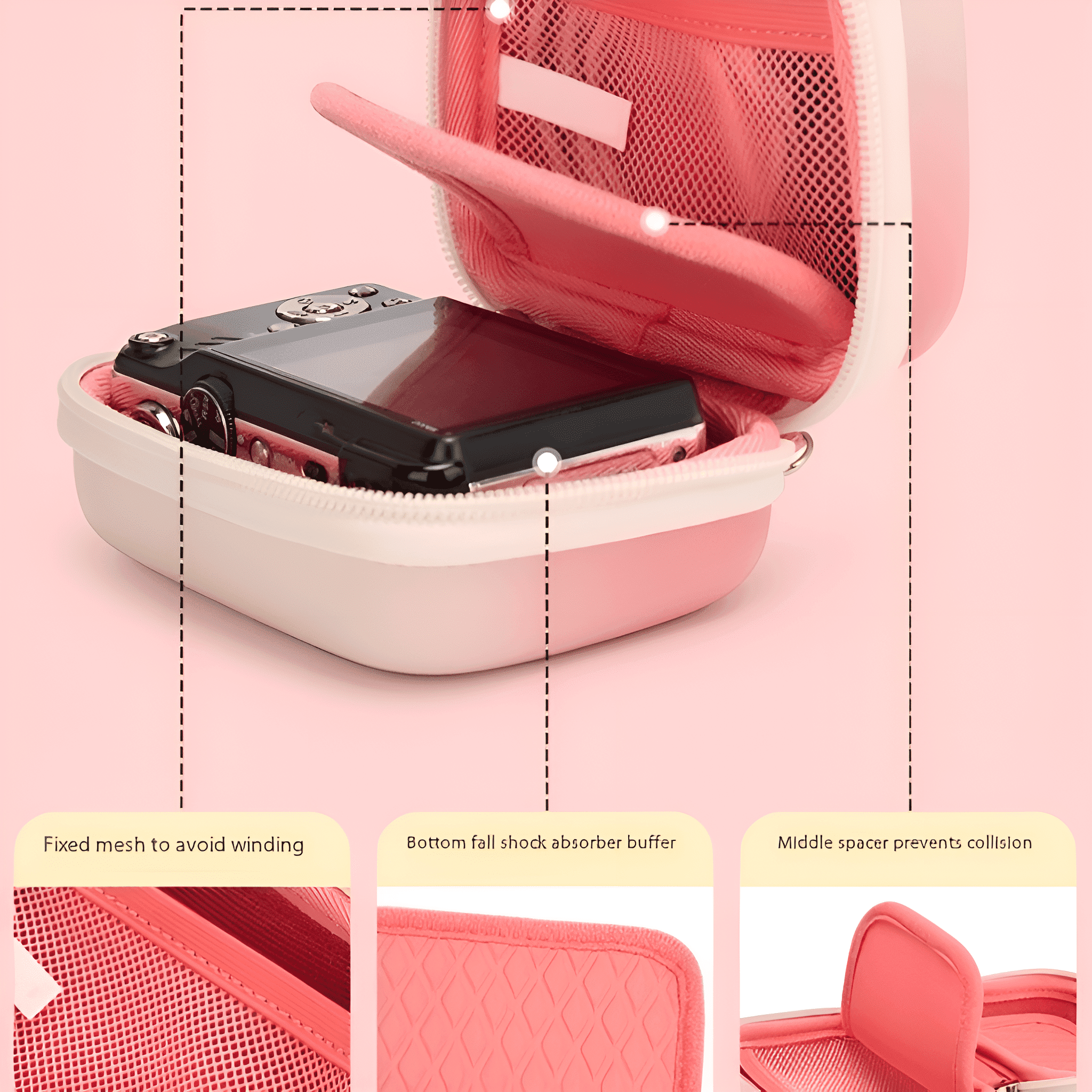 Eine rosa Kameratasche ist geöffnet und zeigt eine Kamera im Inneren. Die Tasche hat Netz- und gepolsterte Bereiche.