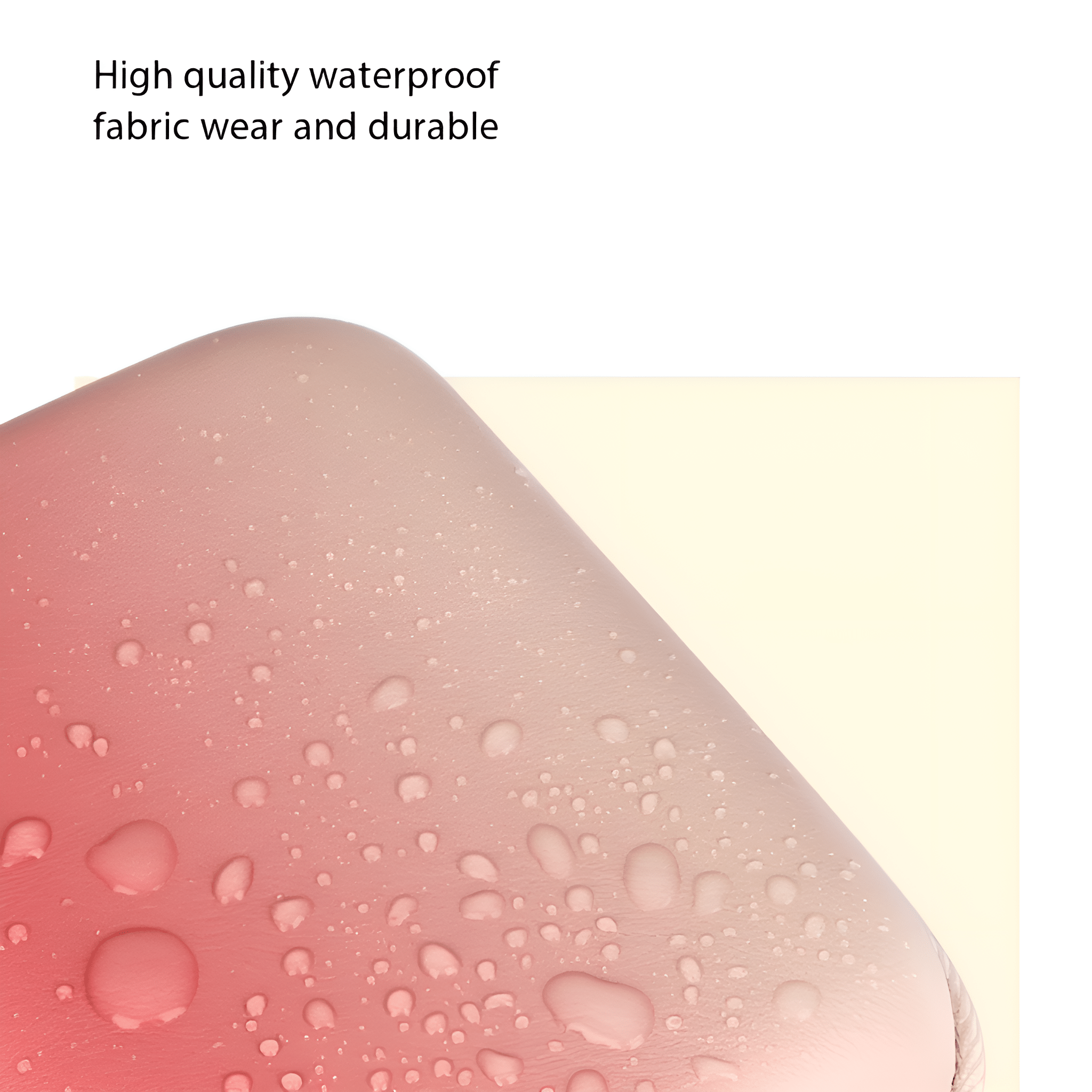 Wassertropfen auf einer rosa Oberfläche. Text: Hochwertiger, wasserdichter Stoff, verschleißfest und langlebig.