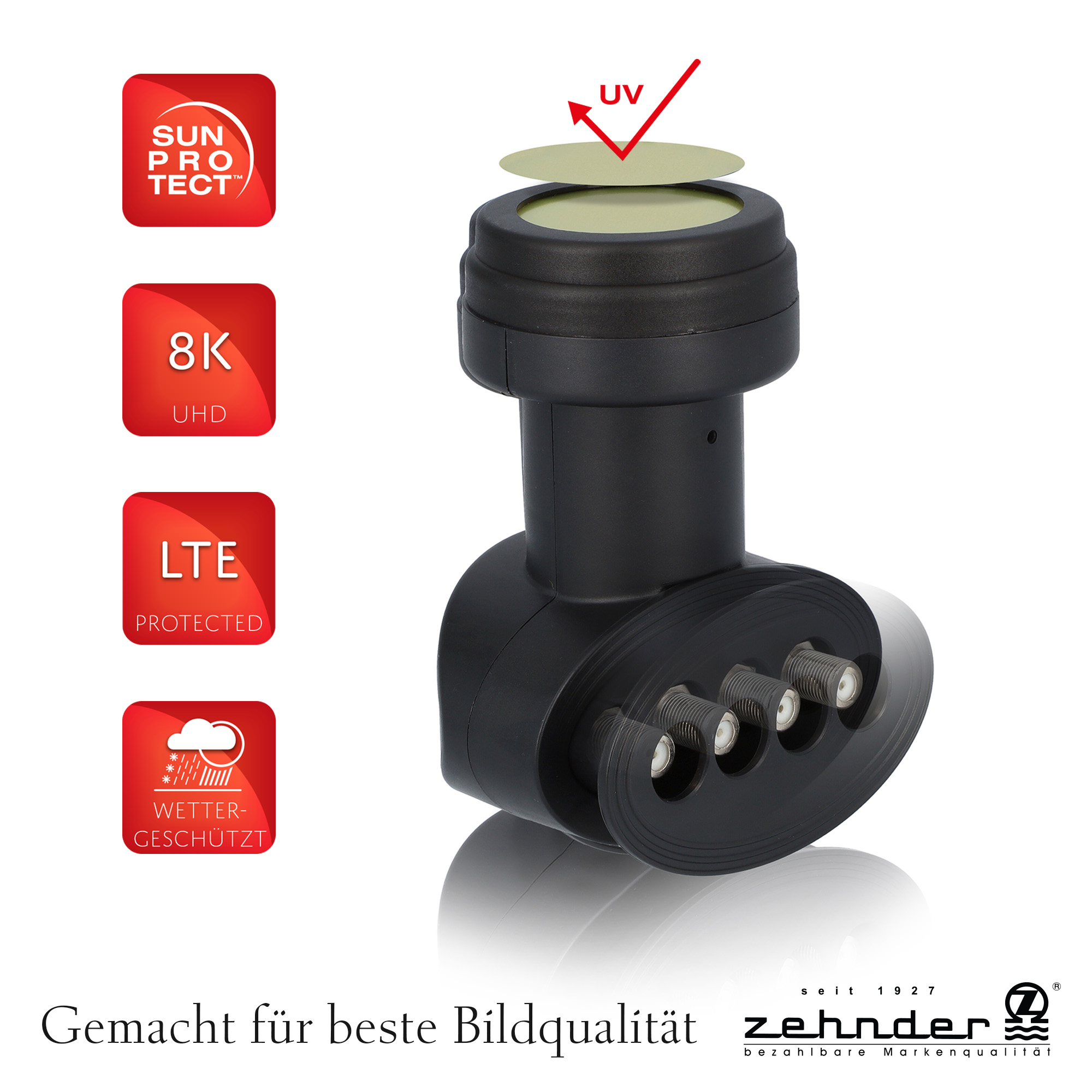Schwarzer Satellitenempfänger mit Logos, Text und roten Symbolen für Funktionen.