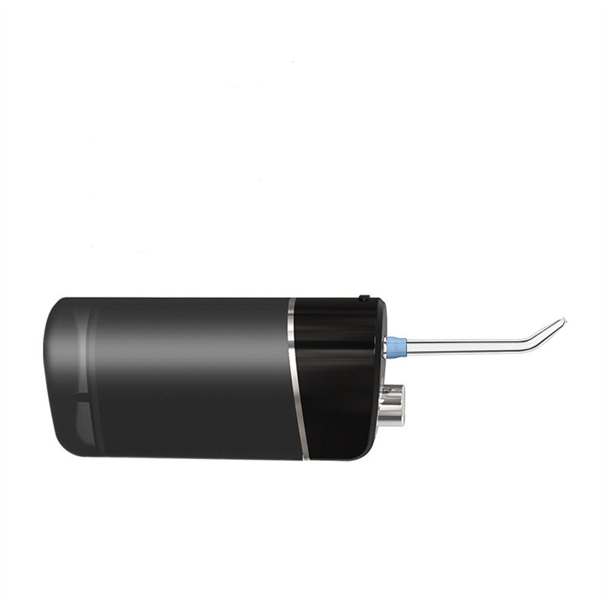 Schwarz-silberner Wasserflosser. Es hat eine lange, gebogene Spitze. Das Design umfasst einen Wasserbehälter und einen Einschaltknopf.