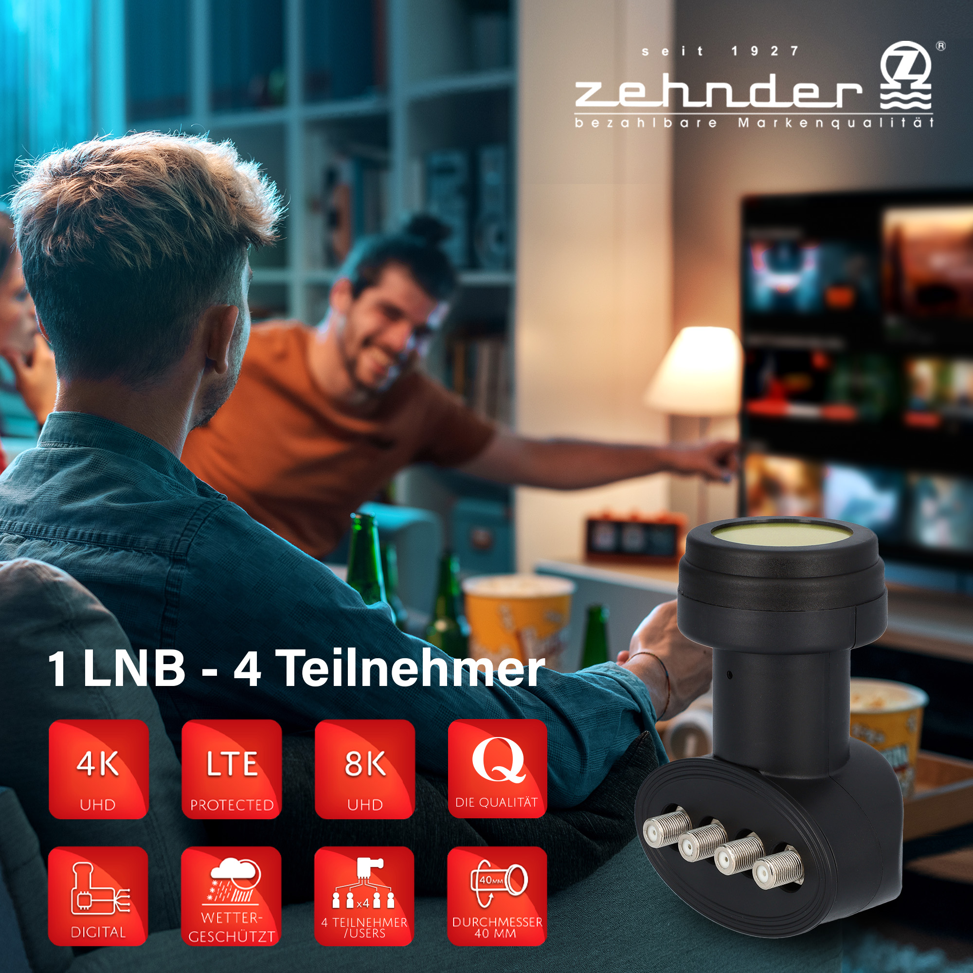 Zwei Männer sehen fern, ein Satellitenempfänger wird angezeigt, und Symbole weisen auf Funktionen wie 4K, LTE und 8K hin.