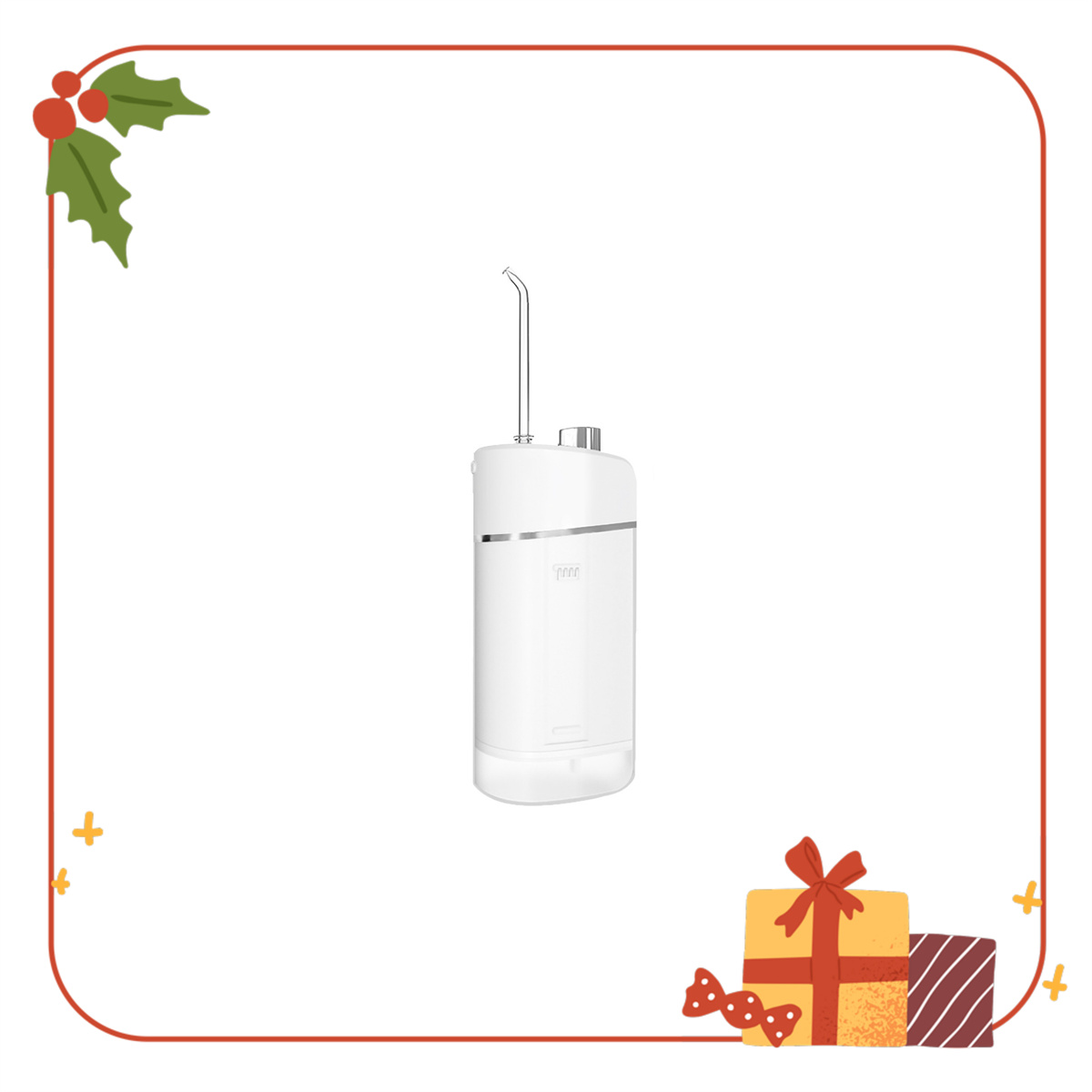 Ein weißer Wasserflosser wird mit Weihnachtsdekorationen um die Bildränder herum angezeigt.