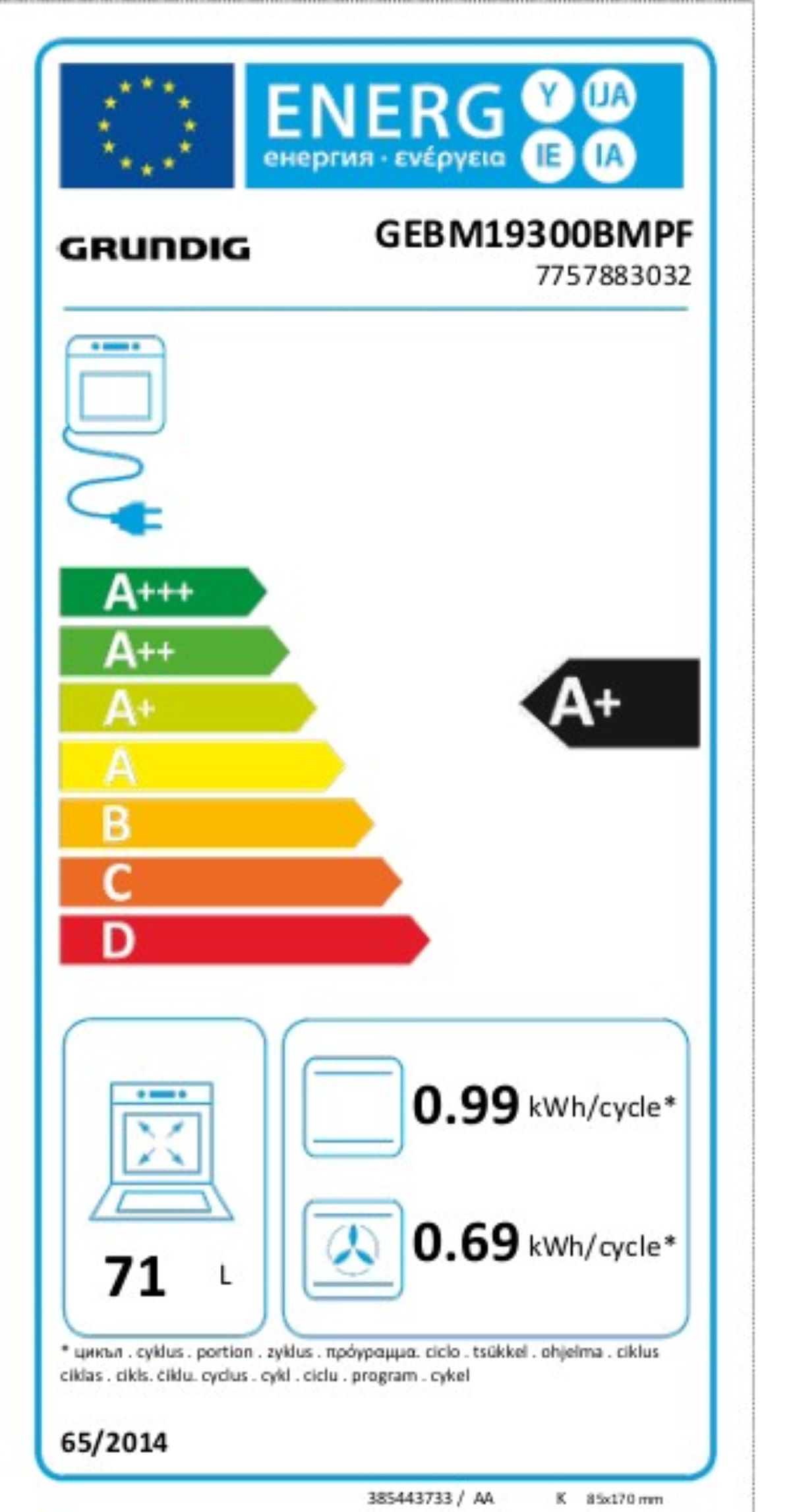 Energielabel für einen Backofen, das Informationen zur Energieeffizienz und Verbrauchsdetails zeigt.