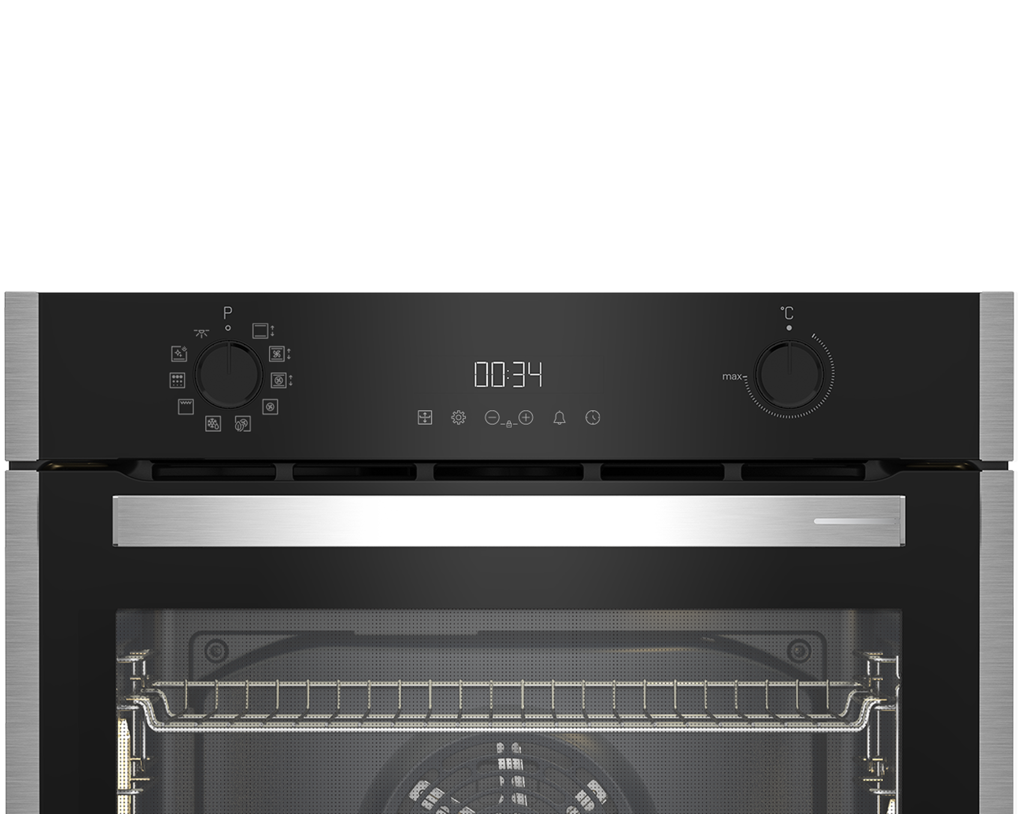 Backofen-Bedienfeld mit Knöpfen und Digitalanzeige. Die Uhrzeit zeigt 00:34. Drehknöpfe sind an den Seiten.