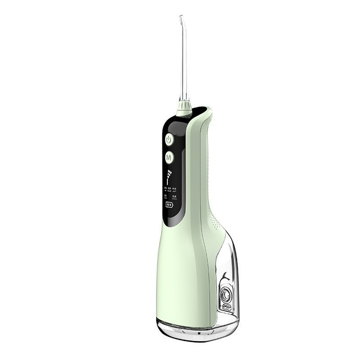 Ein mintgrüner Wasserflosser mit langer, klarer Düse und einem schwarz-weißen Griff auf weißem Hintergrund.