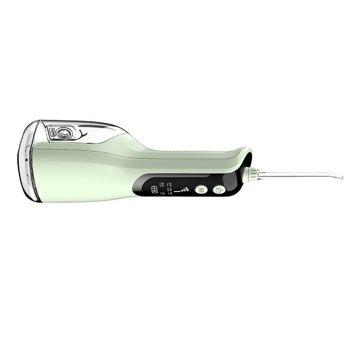 Ein elektrischer Wasserflosser, weiß und grün, mit einer Düse und Knöpfen am Griff.