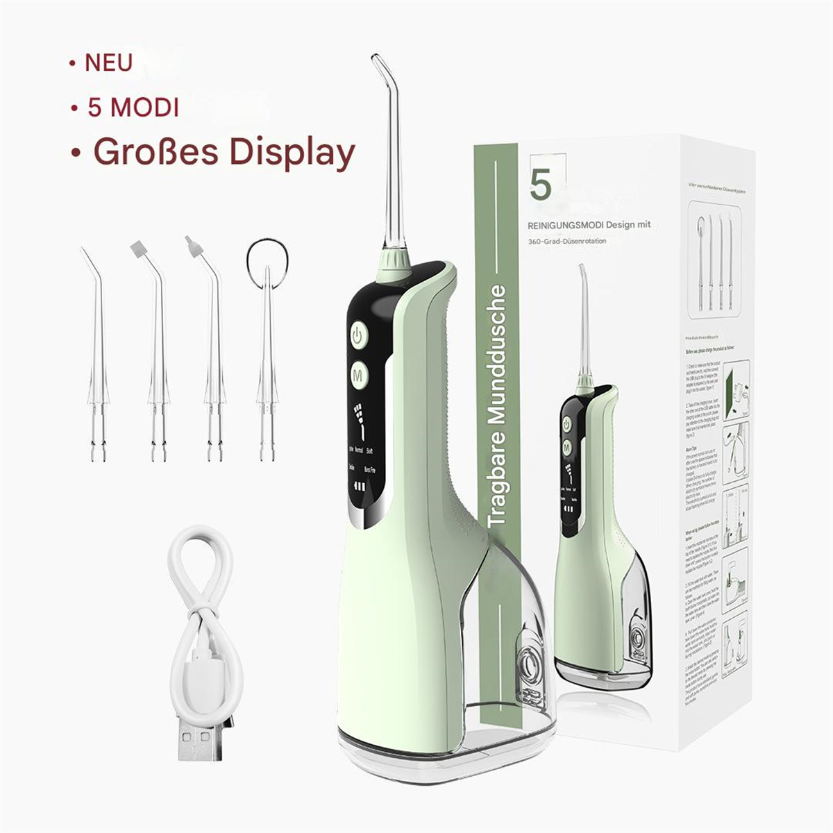 Ein tragbares Mundduschen-Set mit mehreren Aufsätzen. Der Flosser ist grün und weiß.